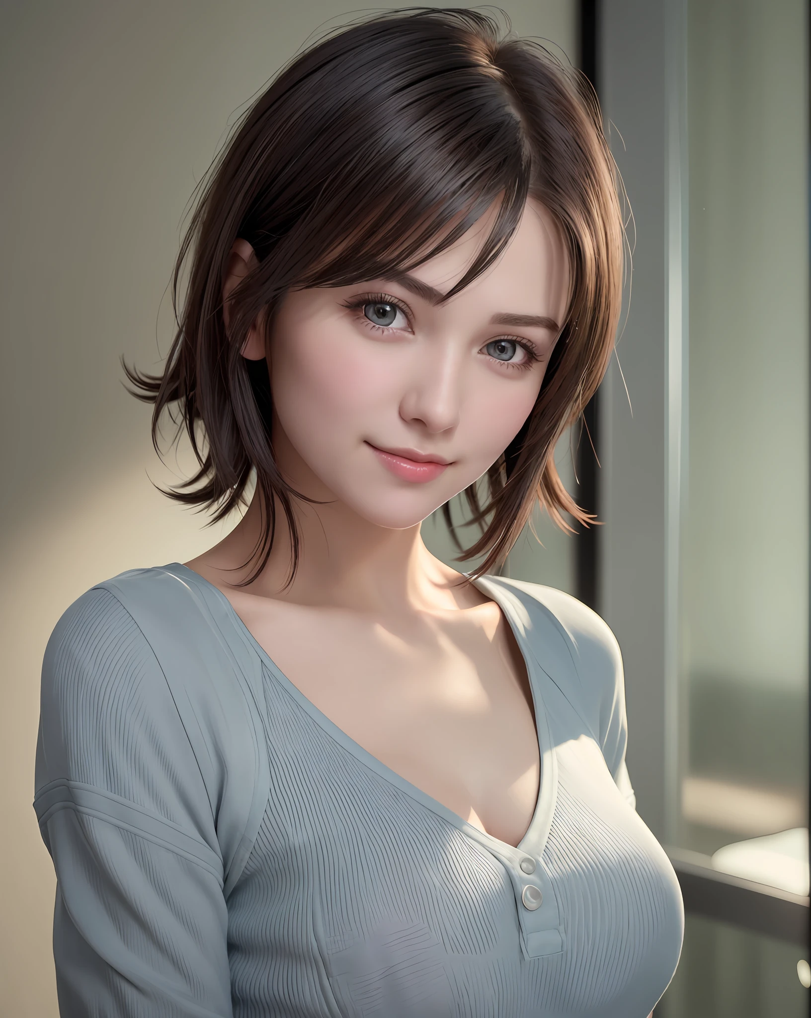 Best Quality, Ultra High Resolution, (Photorealistic: 1.4), Beautiful Eyes, Super Beautiful, Very Short Hair, Beautiful, Sweetheart, T-shirt with Rough Chest, Beautiful Soldier, Eyes That Invite Viewer, Lover's Perspective, Inviting Expression, Sexy Smile, Perfect Style, Perfect Balance, Detailed Skin, Naughty Gaze, Chest Visible