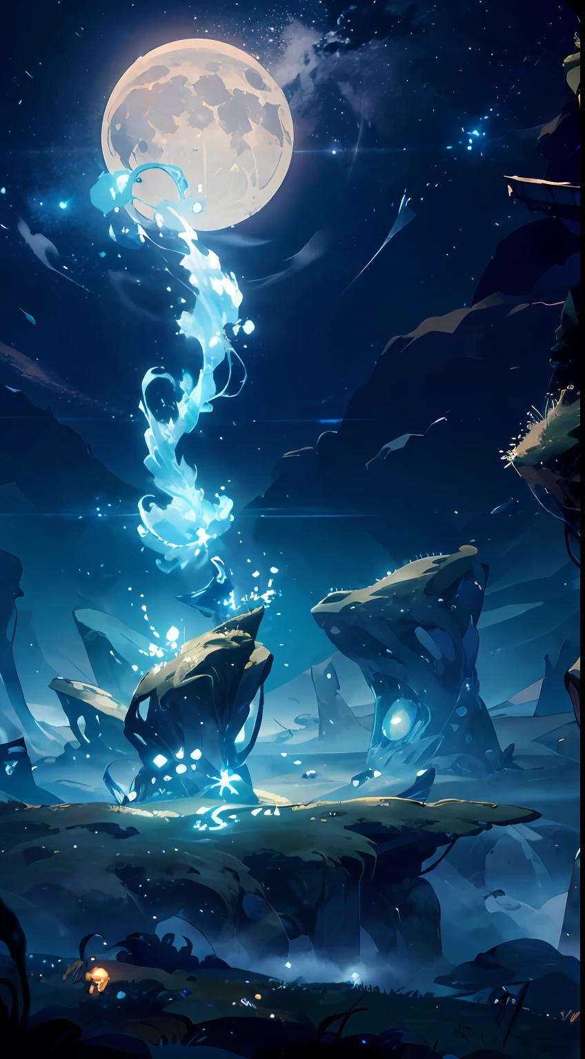 A breathtaking scene inspired by the poem "Starry Dreams." A solitary figure stands on the edge of a lush, moonlit meadow. The night sky above is a canvas of shimmering stars, each one a beacon of hope and possibility. The figure gazes upward, their eyes reflecting the wonder of the cosmos. A sense of quiet contemplation pervades the scene as if the dreamer is on the cusp of something extraordinary. The moon casts a soft glow, illuminating the surroundings with a delicate silver hue. The scene captures the essence of the poem's imagery, evoking a feeling of boundless imagination and the magic of starry dreams