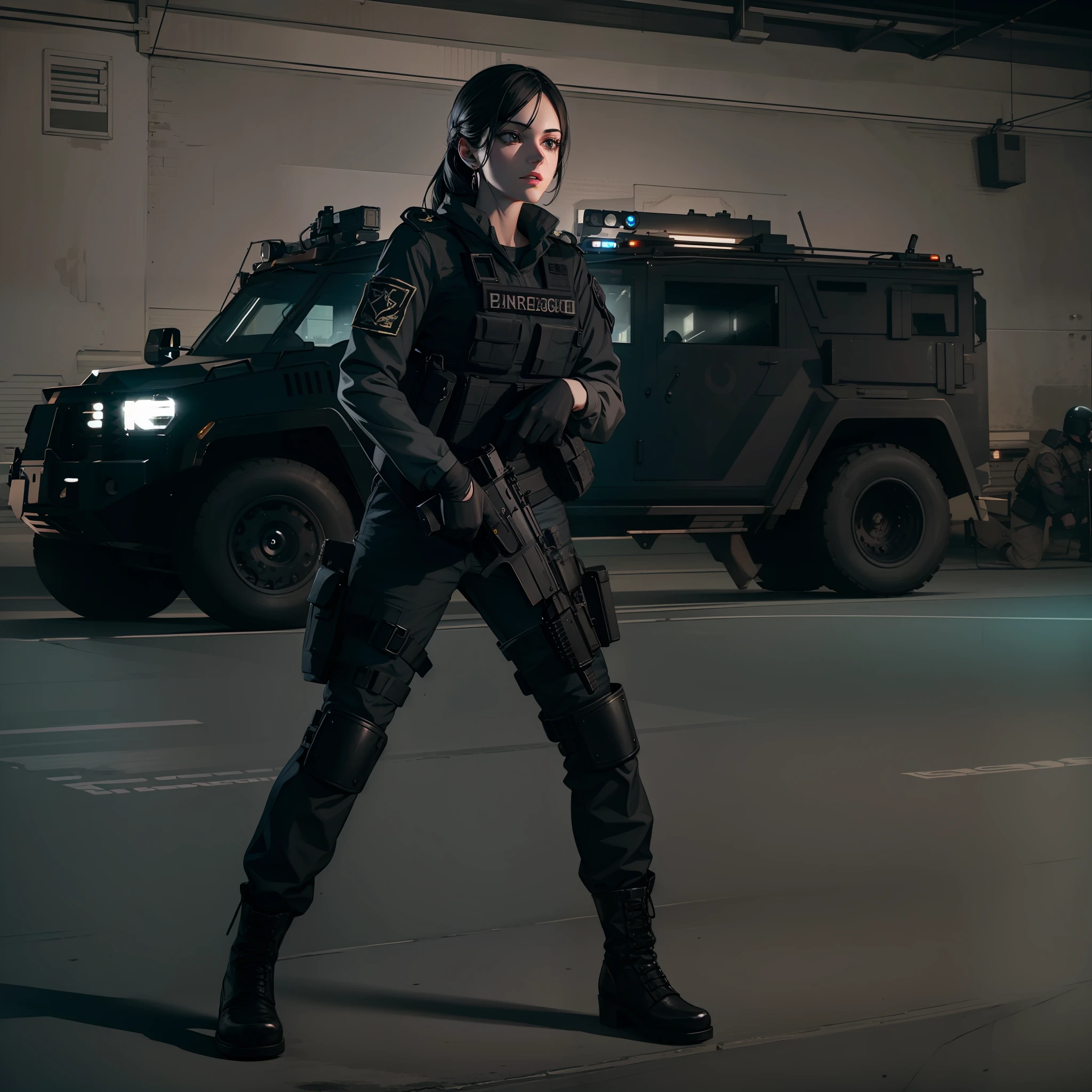 Beautiful tall attractive woman with black swat military uniform holding a gun night scenario with swat car with cyrene in best quality and best effects best shadows best lighting 8k