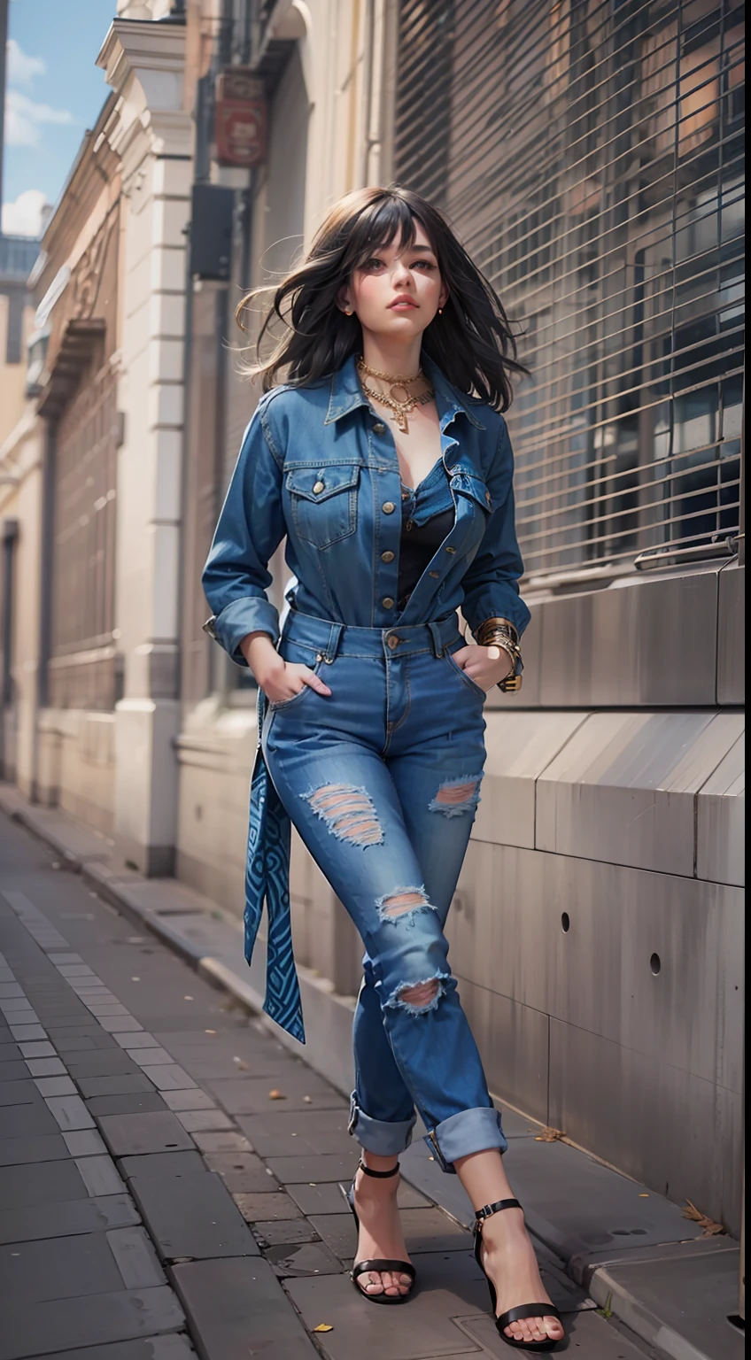 Beautiful woman in intricate Bold and Denim-on-Denim Outfit