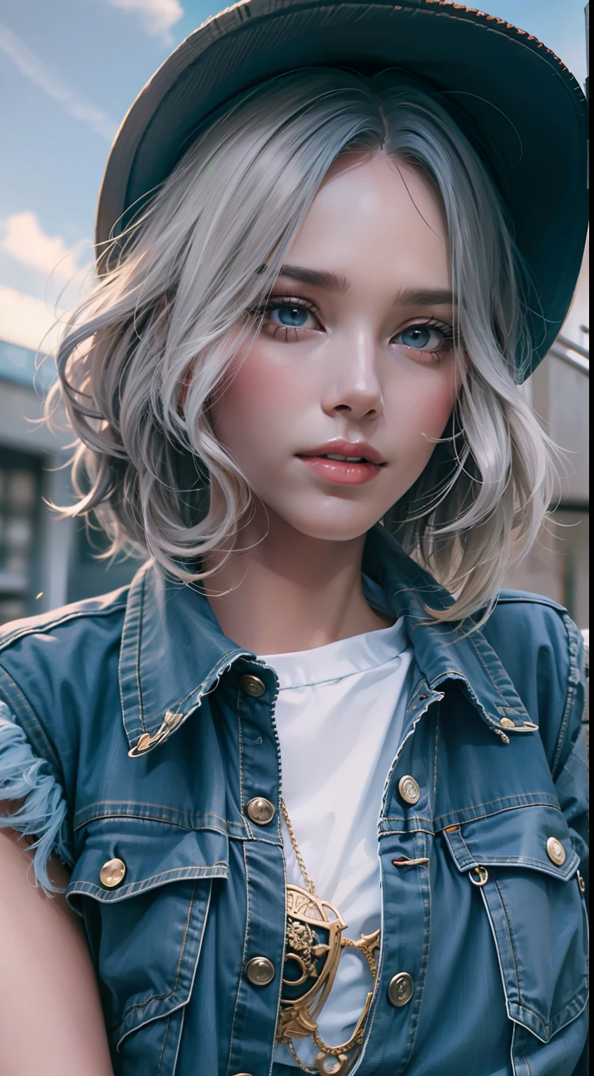 Beautiful woman in intricate Bold and Denim-on-Denim Outfit