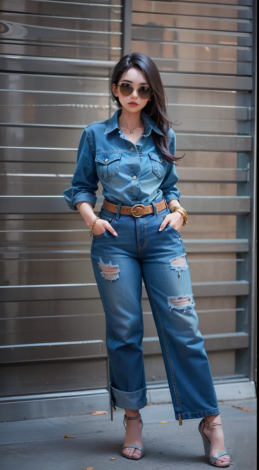 Beautiful woman in intricate Bold and Denim-on-Denim Outfit