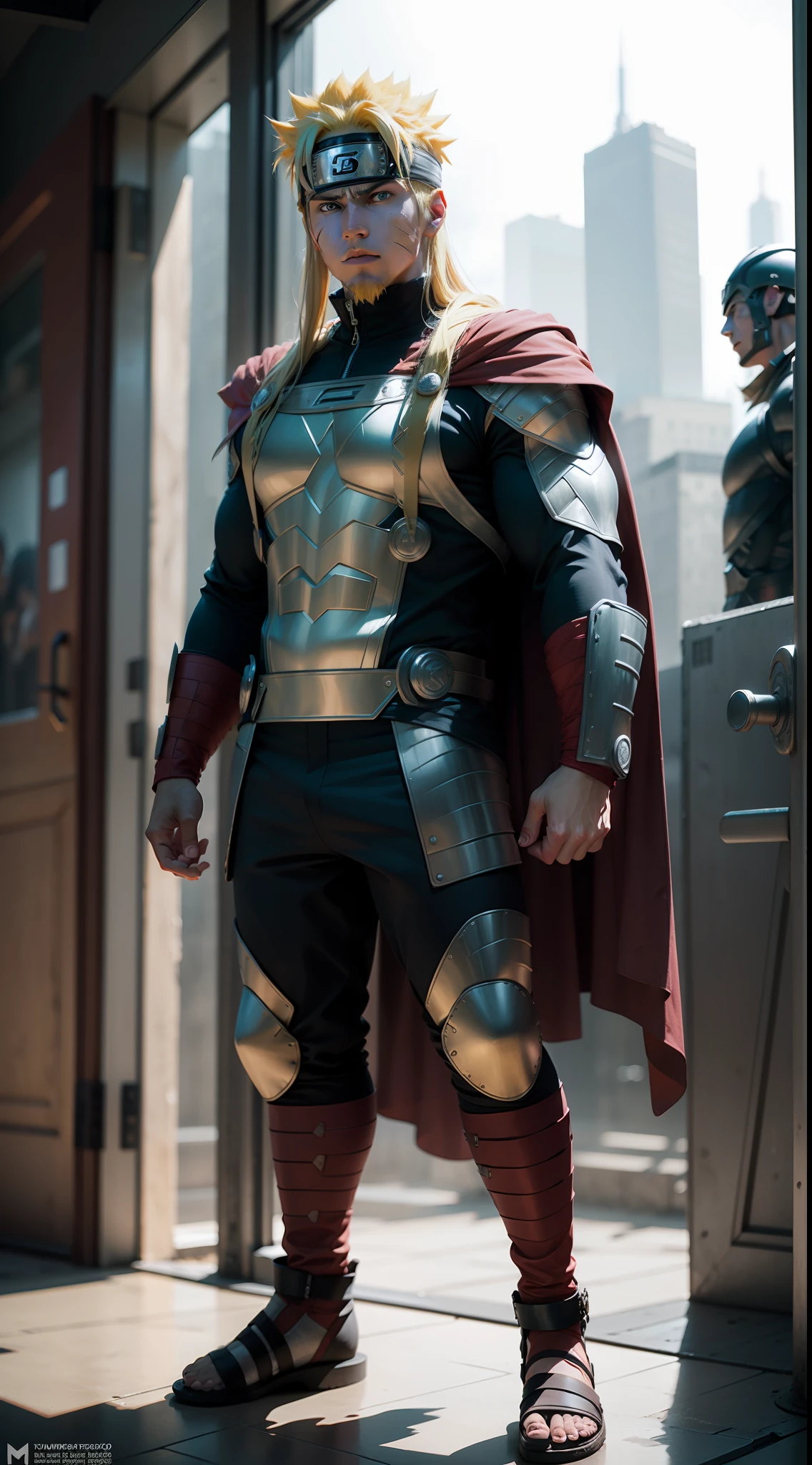 Naruto Uzumaki in Thor suit, (holding Thor hummer), marvel superhero, standing, daylight, sharp focus, realistic 3D, 8k, high resolution, best quality, masterpiece, dramatic lighting