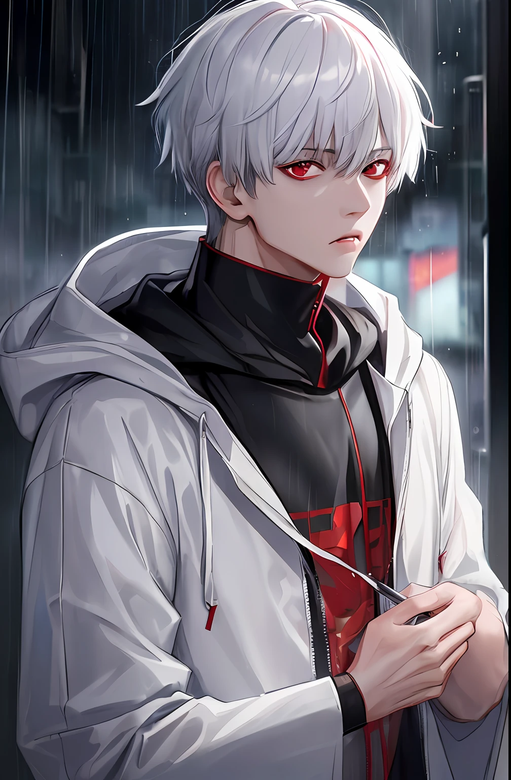 kk, best quality, more details, masterpiece, 1boy, kaneki ken, portrait, male focus, red eyes, solo, bangs, looking at viewer, hood, short hair, rain, tokyo tokyo \(city\),  hood up, nail polish, white hair, luxurious, 8k, detailed, ray tracing, depth of field, cinematic lighting,