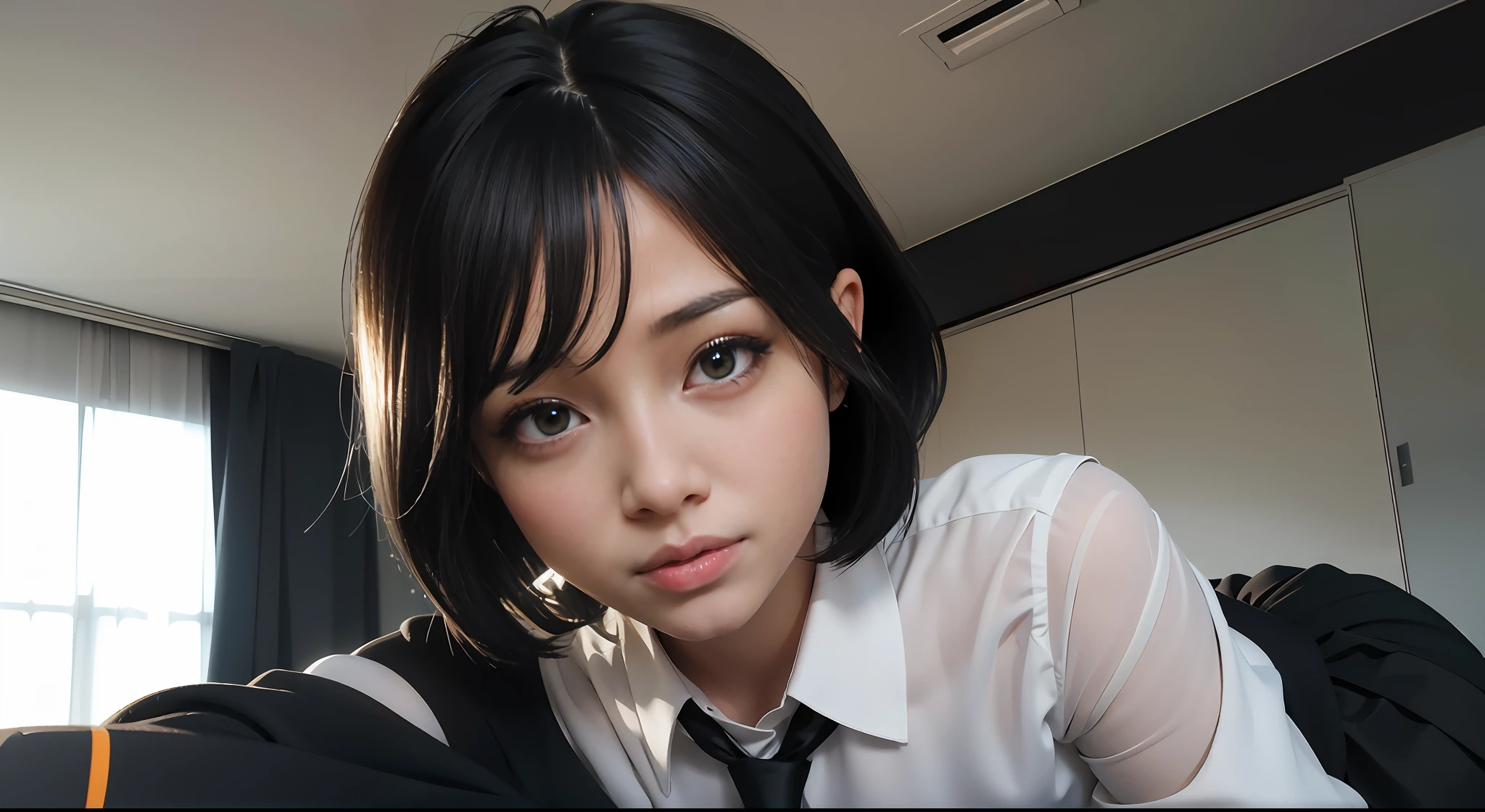 there is a woman with a white shirt and a black tie, Kawaii realistic portrait, Realistic anime 3 D style, Anime girl in real life, Surrealism female students, Cute natural anime face, Photorealistic anime, hyper realistic anime, with short hair, Realistic young anime girl, [ 4 K photorealism ]!!, Surrealism female students, Soft portrait shot 8 K