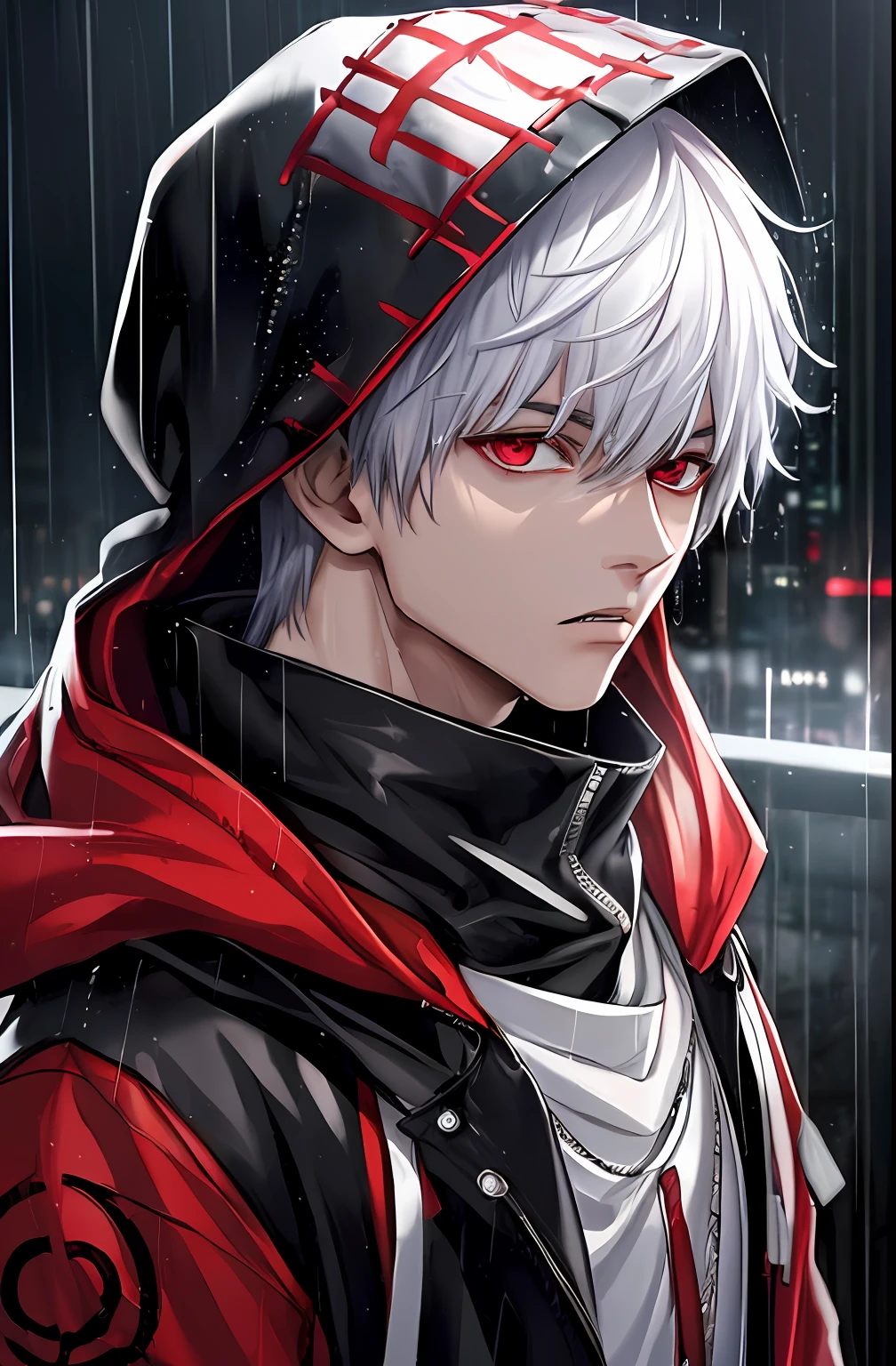 kk, best quality, more details, masterpiece, 1boy, kaneki ken, portrait, male focus, red eyes, solo, bangs, looking at viewer, hood, short hair, rain, tokyo tokyo \(city\), hood up, nail polish, white hair, luxurious, 8k, detailed, ray tracing, depth of field, cinematic lighting,