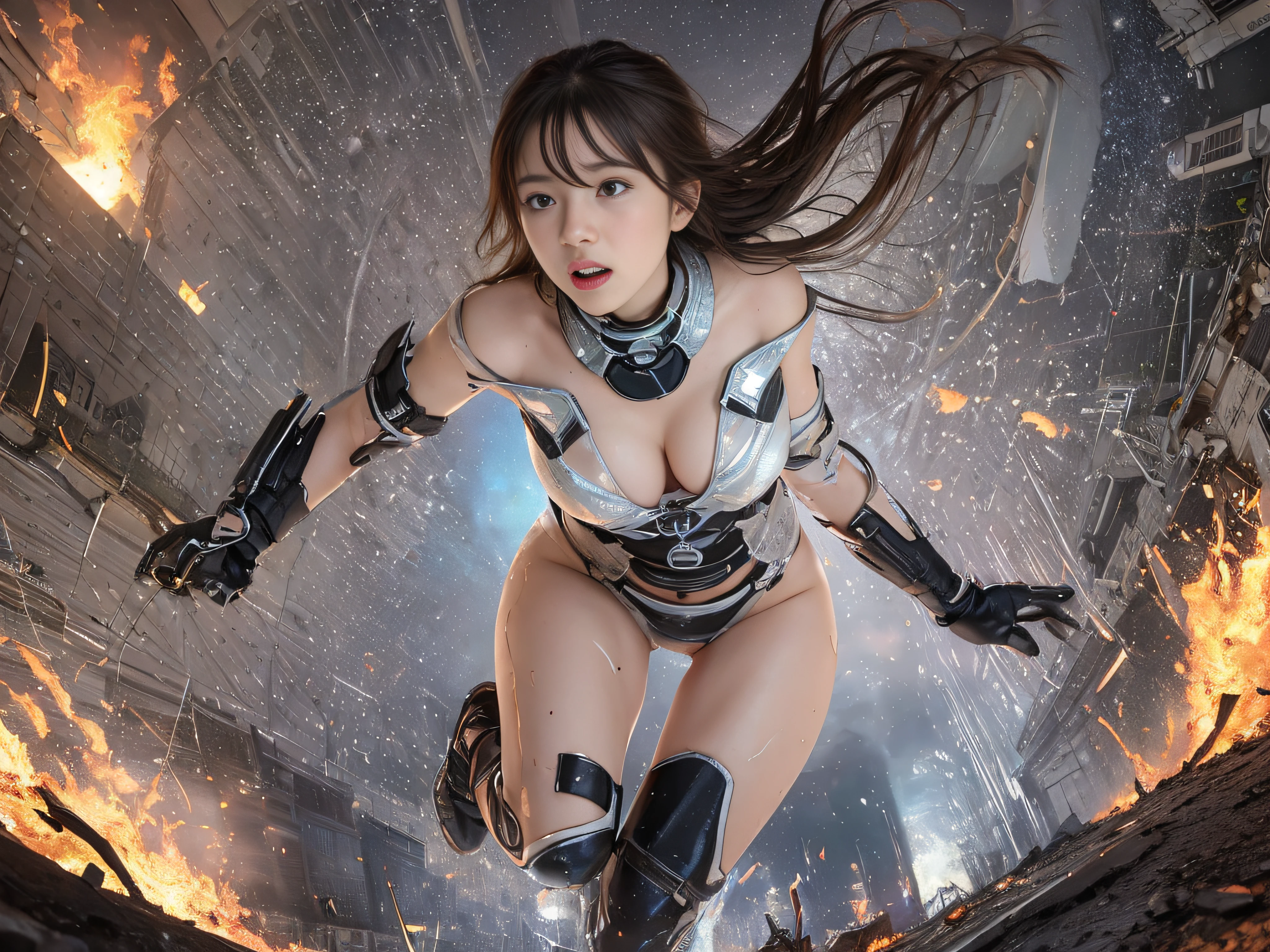 Top image quality, 电影灯光, octan render, ultrasharp, 1 girl in, japanes, embarassed face, glowy skin, Brown hair, Futuristic pilot suit, cleavage of the breast, Exposure of the abdomen, intricate detailes, Runaway, Running at full speed, Breaking through the glass, Flying glass fragments, cyberpunked, Night sky with countless stars twinkling, Shining Milky Way, Heavy rain:1.3, Ruins, Laser beam attack, big explosion:1.3, Pillar of fire:1.2, A city engulfed in flames, floods, wetting hair:1.5, wetted skin:1.5, puddle, Detailed eyes, detailed skin textures, cammel toe, Detailed CG image quality, 8mm fisheye lens, Angle looking up from below:1.2, (Full Body Angle), The whole body is soaking wet, Fast shutter speed,