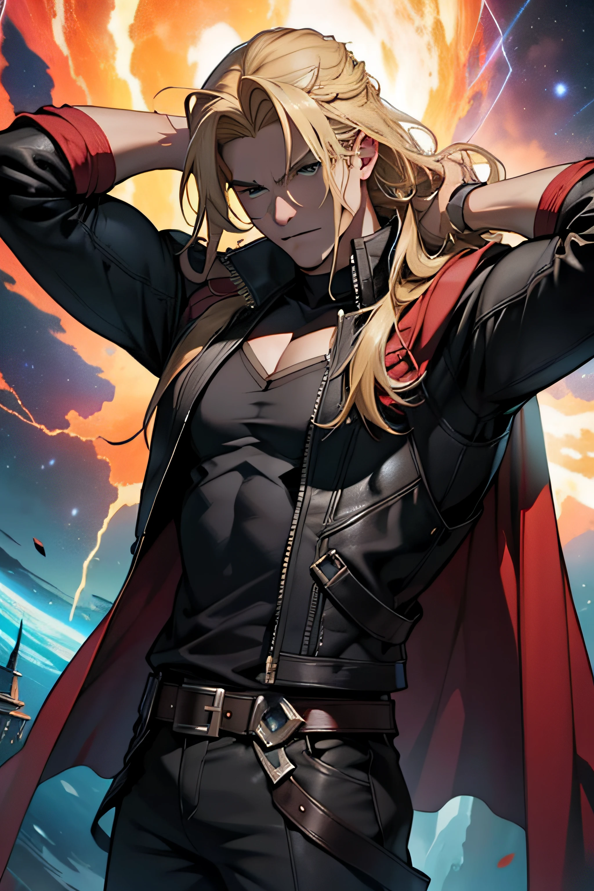 1 solo Thor com as roupas de Terry Bogard pretas, raios ao redor de si, thunder, thunder , cabelo blond, roupas pretas, vestes pretas, Nebula and smoke, black cloth, arms behind the head, tempo fechado, tempo nublado, tempo escuro, cidade, raios ao redor