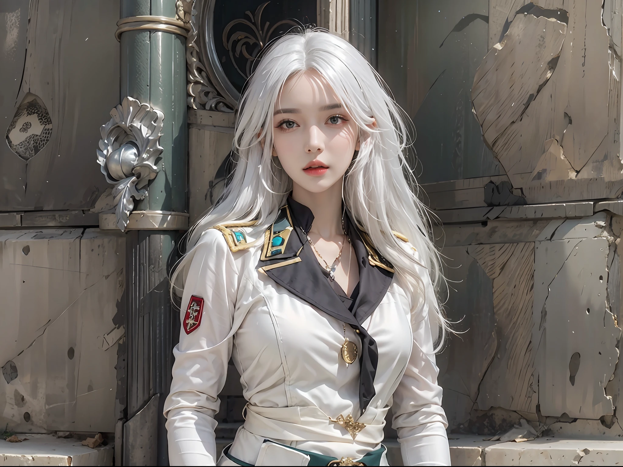 photorealistic, high resolution, 1women, solo, hips up, look at viewer, (detailed face), white hair, long hair, military uniform, jewelry