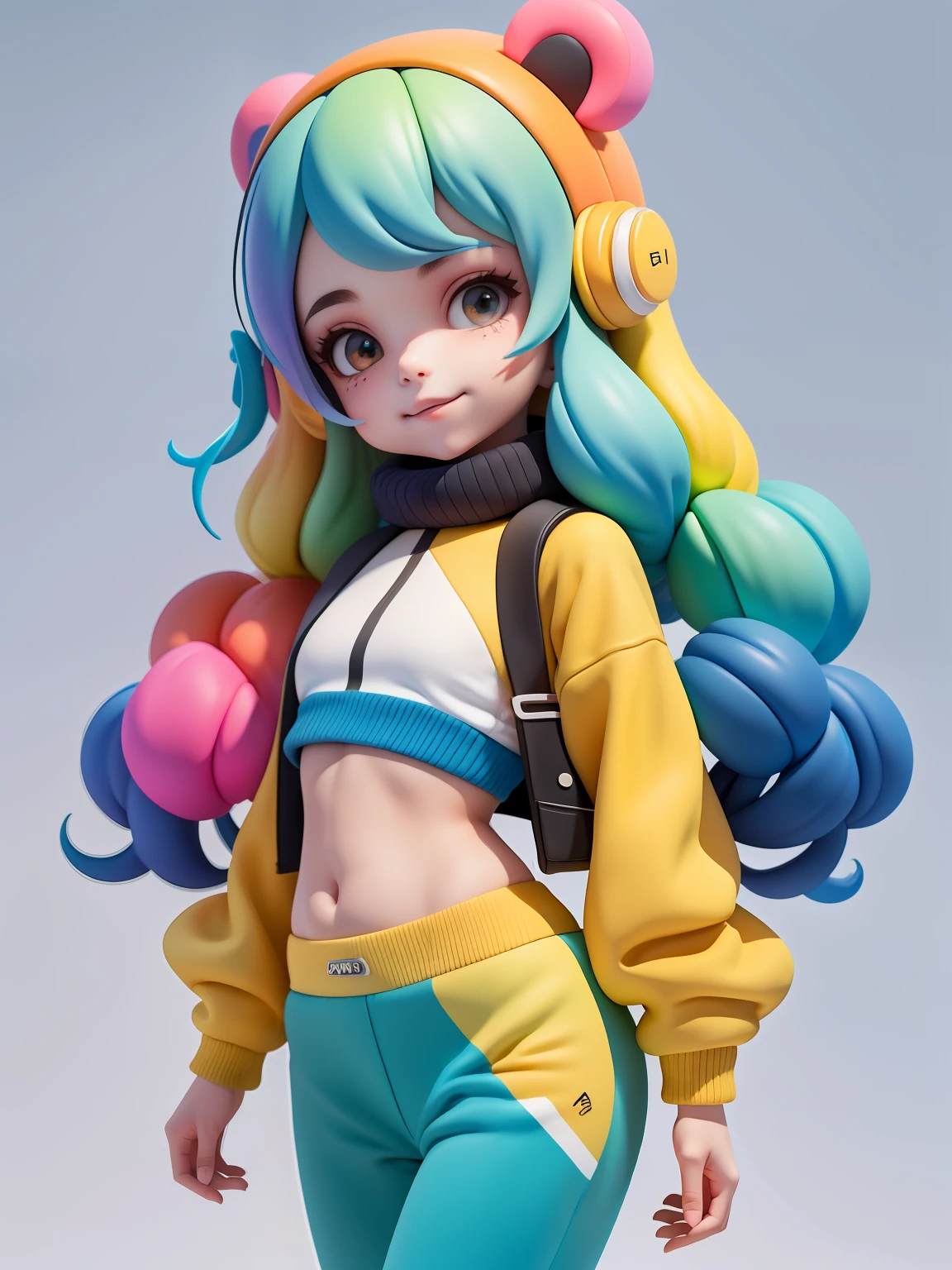 (obra-prima), (melhor qualidade), (ultra-detalhado), (corpo inteiro: 1.2) baby menina bonita e fofa, tema neon, capuz, moletom colorido, Knitted jumpsuits, Pants, jaqueta, blusa, sorriso claro, corpo inteiro, :3, fundo tom pastel , colorido e simples.