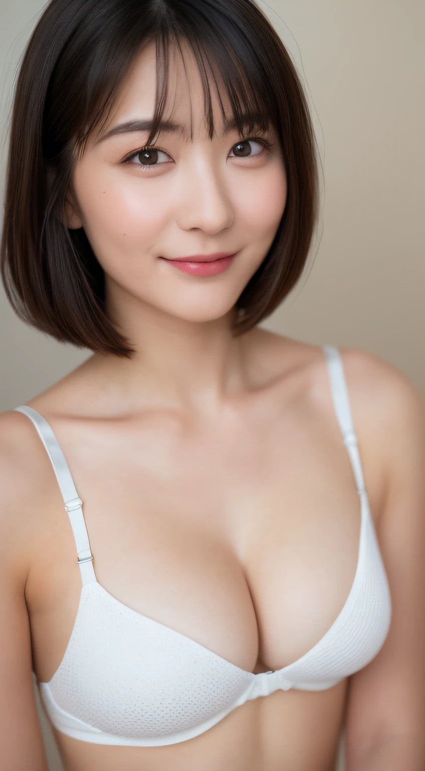 ((Best picture quality, 8K, tmasterpiece:1.3)), 1girll, Beautiful woman with slender abs:1.3, (Casual hairstyle, :1.2), Low-cut bra,The bra color is arbitrary,Super large,The skin is very white,Ultra-fine face, A detailed eye, 二重まぶた,ssmile。Take pictures in cute poses,The figure is very bad,tiny small waist,Super big breasts,Close-up,Close-up chest,White-skinned,The background is casual,Close-up Shot Shot