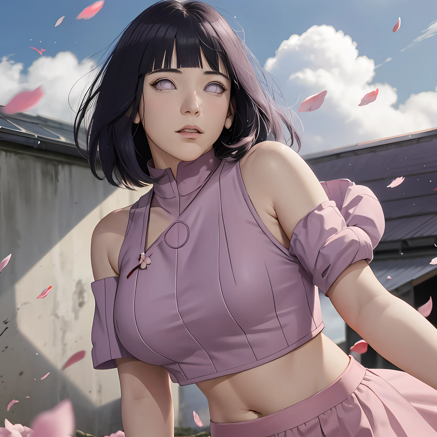 masterpiece, absurdres, hinata\(boruto\), 1girl, solo,mature female, crop top of shoulder, outdoors, looking at viewer, (falling petals), cloudy sky, perfect composition, detailed lips, big breast, beautiful face, body propotion, blush, (pink lips), long hair, purple eyes, soft gaze, sad smile, super realistic, detailed, photoshoot, realistic face and body