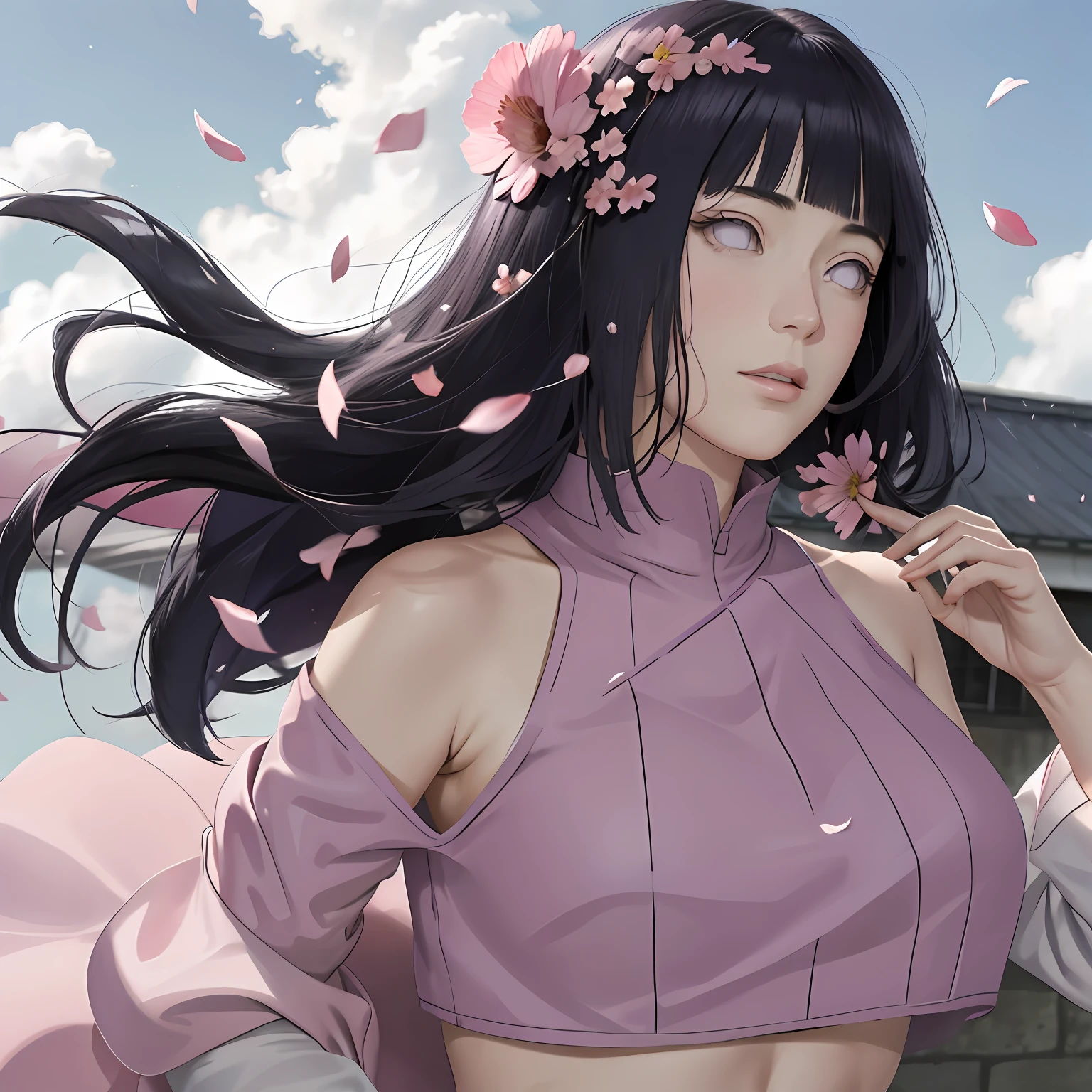 masterpiece, absurdres, hinata\(boruto\), 1girl, solo,mature female, crop top of shoulder, outdoors, looking at viewer, (falling petals), cloudy sky, perfect composition, detailed lips, big breast, beautiful face, body propotion, blush, (pink lips), long hair, purple eyes, soft gaze, sad smile, super realistic, detailed, photoshoot, realistic face and body