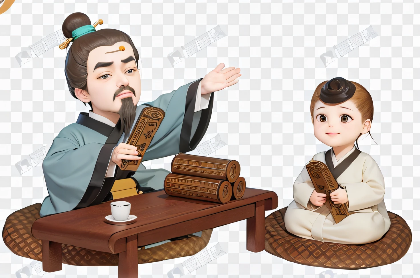 A manga of a man and a woman sitting at a table, confucius and jury trial, inspired by Fu Baoshi, inspired by Wu Daozi, ren xun and maruyama ōkyo, inspired by Shūbun Tenshō, Chinese traditional, inspired by Watanabe Shōtei, Inspired by Seki Dosheng