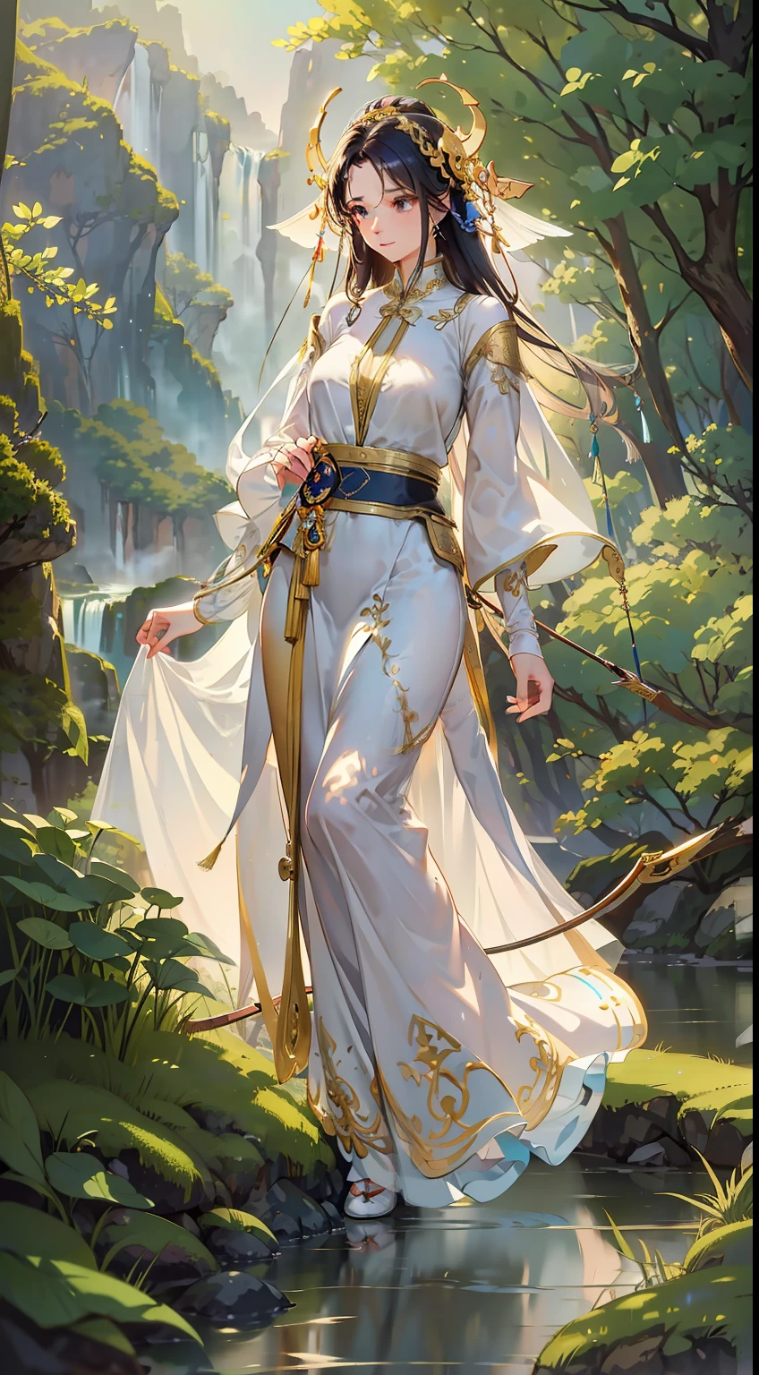 "Antique picture quality,A wonderland of light and shadow,Foggy,Fairy in white,Take a leisurely walk,Elegant dance,Wearing an ancient long dress,Flowing hair,Traditional bow and arrow,Winding paths,Hazy woods,Looking out over the mountains,The stream flows,quaint buildings,Melodious musical landscape"