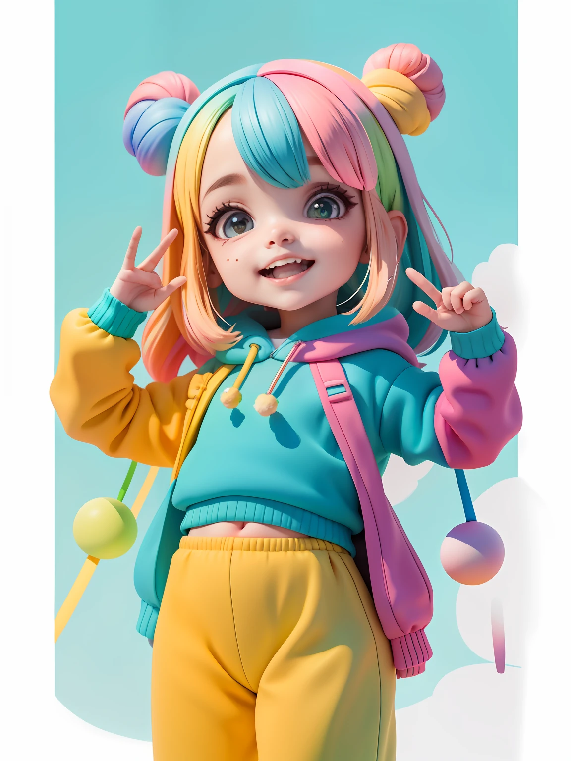 (obra-prima), (melhor qualidade), (ultra-detalhado), (corpo inteiro: 1.2) baby menina bonita e fofa, tema neon, capuz, moletom colorido, Knitted jumpsuits, Pants, jaqueta, blusa, sorriso claro, corpo inteiro, :3, fundo tom pastel , colorido e simples.