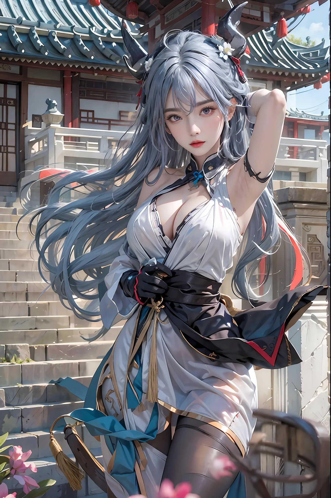 photorealistic, high resolution, 1women, solo, hips up, look at viewer, (detailed face), ahoge, architecture, bangs, bare shoulders, bell, black gloves, black pantyhose, (blue hair), blush, breasts, chinese knot, detached sleeves, east asian architecture, flower knot, gloves, horns, long hair, looking at viewer, medium breasts, neck bell, night, outdoors, pantyhose, purple eyes, sidelocks, solo, tassel, white sleeves