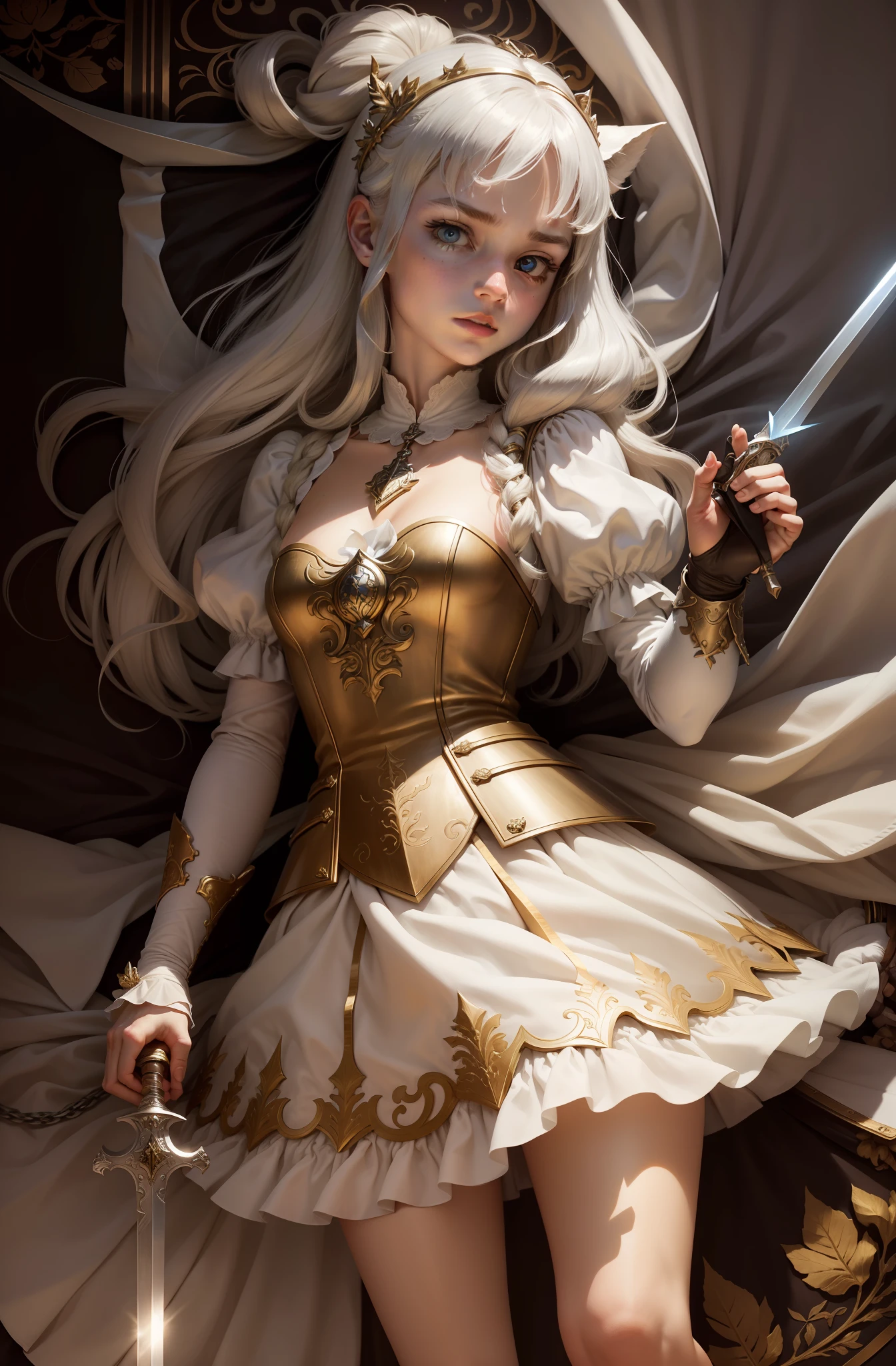 The last period，whaite hair，Eyes are normal，adolable，Holding a silver-white long sword，Wearing a fairy dress，Kind of interesting，Be empathetic，youthfulenergy，The hand holding the sword has only 5 fingers！Finger close to the hilt，Only 5 fingers！Slender fingers，Eyes are focused