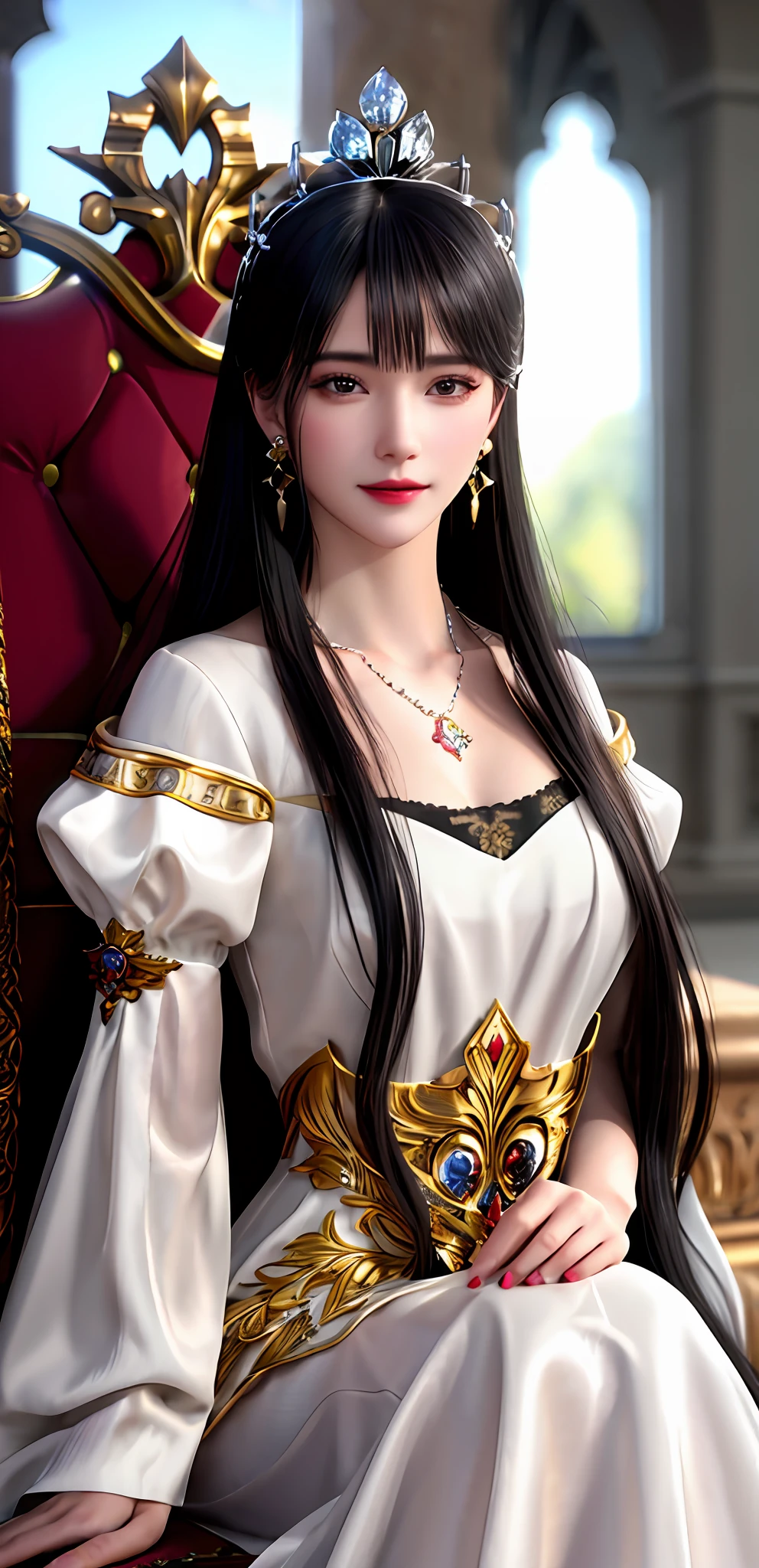 (realisticity: 1.2), best quality, high quality, 8K UHD, masterpiece, highres,cg,
1 super detailed girl, super detailed queen

, sitting on a super detailed royal throne, lud, xurious royal palace background, beautiful and detailed, super detailed long hair, wearing a beautiful and luxurious crown with diamonds and super detailed,

super detailed dress, Super detailed dress sleeves, super detailed beautiful earrings, Beautiful and beautiful necklace full of super detailed diamonds,  
 solo, jewelry, super detailed red and yellow dress, pretty face, beautiful, and super detailed, 

, earrings, super detailed hairdo, splashing, the upper body is very super detailed, super detailed hair bun, super detailed black hair,
lighting,candid,Photograph,high resolution,4k,8k,Bokeh,