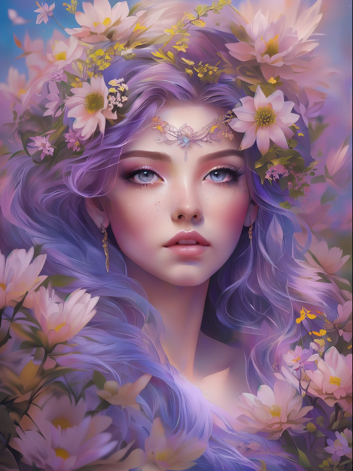 This artwork is dreamy and in the style of mythic fantasy, with soft watercolor hues in varying shades of pink, blue, and purple. Generate an ornate figure from Greek mythology and realistic skin and hair texture. Her strong, proud face has realistically shaded eyes and puffy lips, and a big mouth. Her soft, realistic hair is dancing in the breeze along with the flowers and detailed butterflies that surround her. Include highly detailed fantasy touches including a beautiful watercolor sky. Include 8k eyes, hires eyes, beautiful detail eyes, beautiful detailed eyes, and realistic eyes. Include fantasy details, enhanced details, iridescence, and colorful glitter. Pay special attention to her face and make sure it is beautifully and realistically detailed. 8k, intricate, elegant, highly detailed, majestic, digital photography, art by artgerm and ruan jia and greg rutkowski, (((masterpiece, finely detailed beautiful eyes: 1.2))), hdr, ((realistic skin texture)), rays of light, ornate flowers, dew drops, sunlight, hazy rays of sun, flowergateway style, castle, palace, archway, flowers, growing