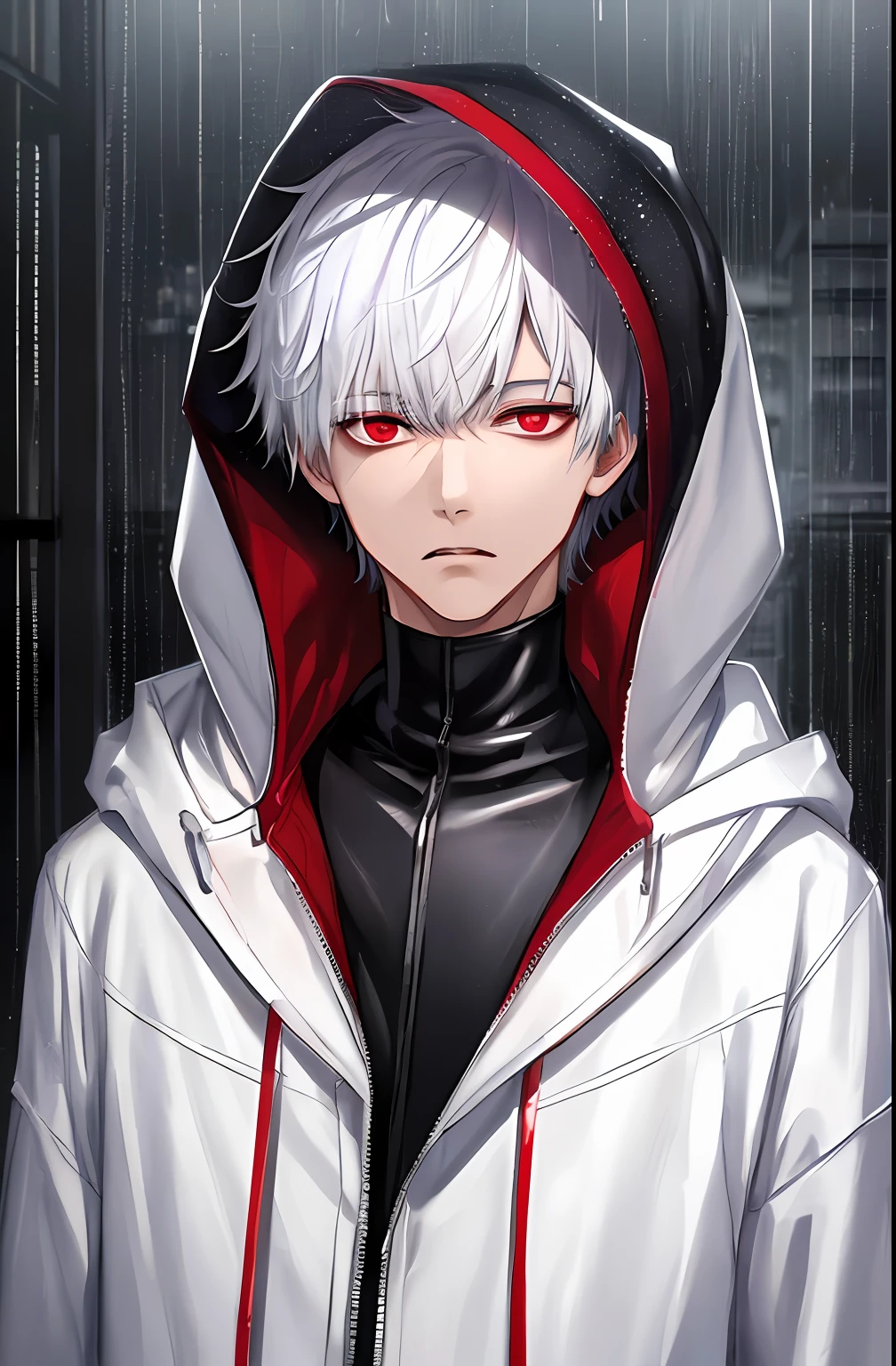 kk, best quality, more details, masterpiece, 1boy, kaneki ken, portrait, male focus, red eyes, solo, bangs, looking at viewer, hood, short hair, rain, tokyo tokyo \(city\), hood up, nail polish, white hair, luxurious, 8k, detailed, ray tracing, depth of field, cinematic lighting,