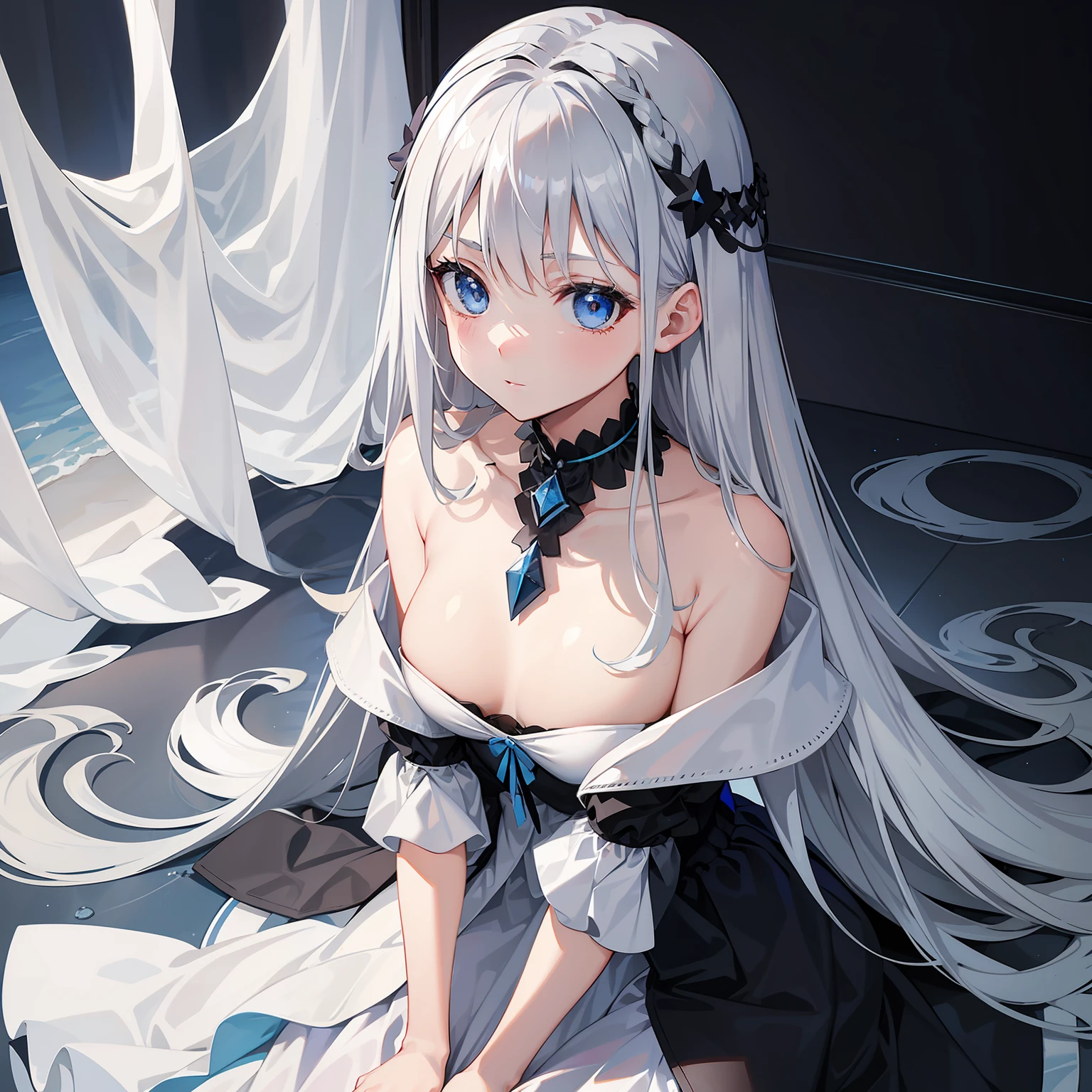 ，A short silver-white shoulder-length hair，blue color eyes，Silver-haired little loli in a black off-the-shoulder slip dress，face expressionless