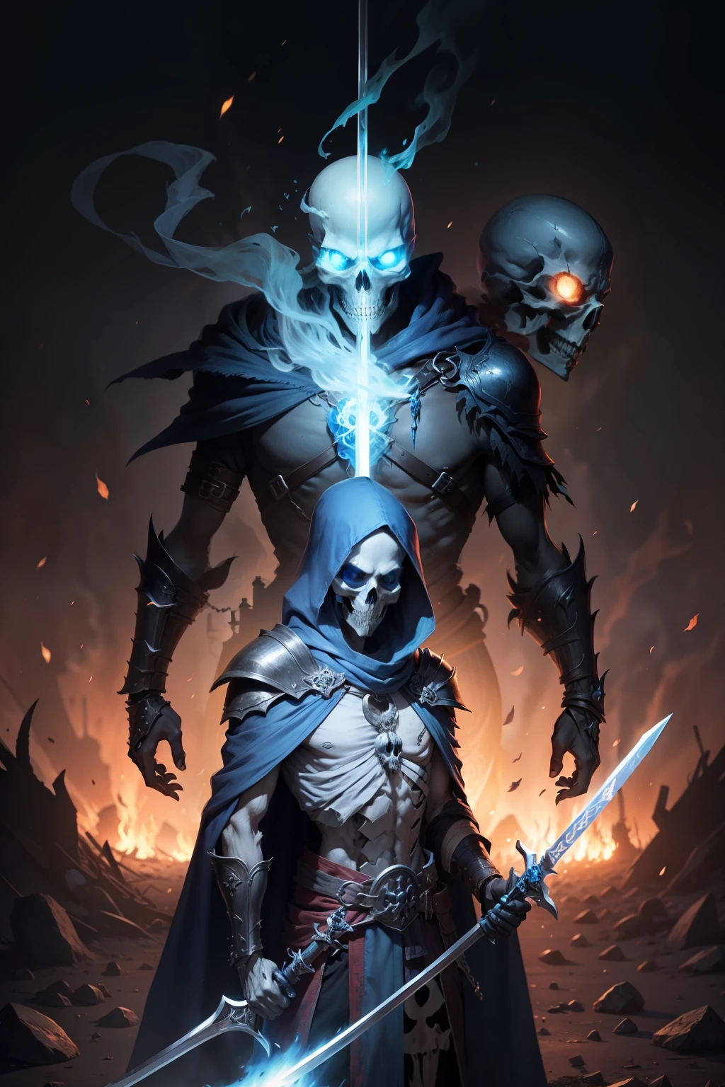 Rotten skeleton warriors，Blue fire cape，Holding a precious sword，The skull has ghost fire in its eyes，Out of the flames