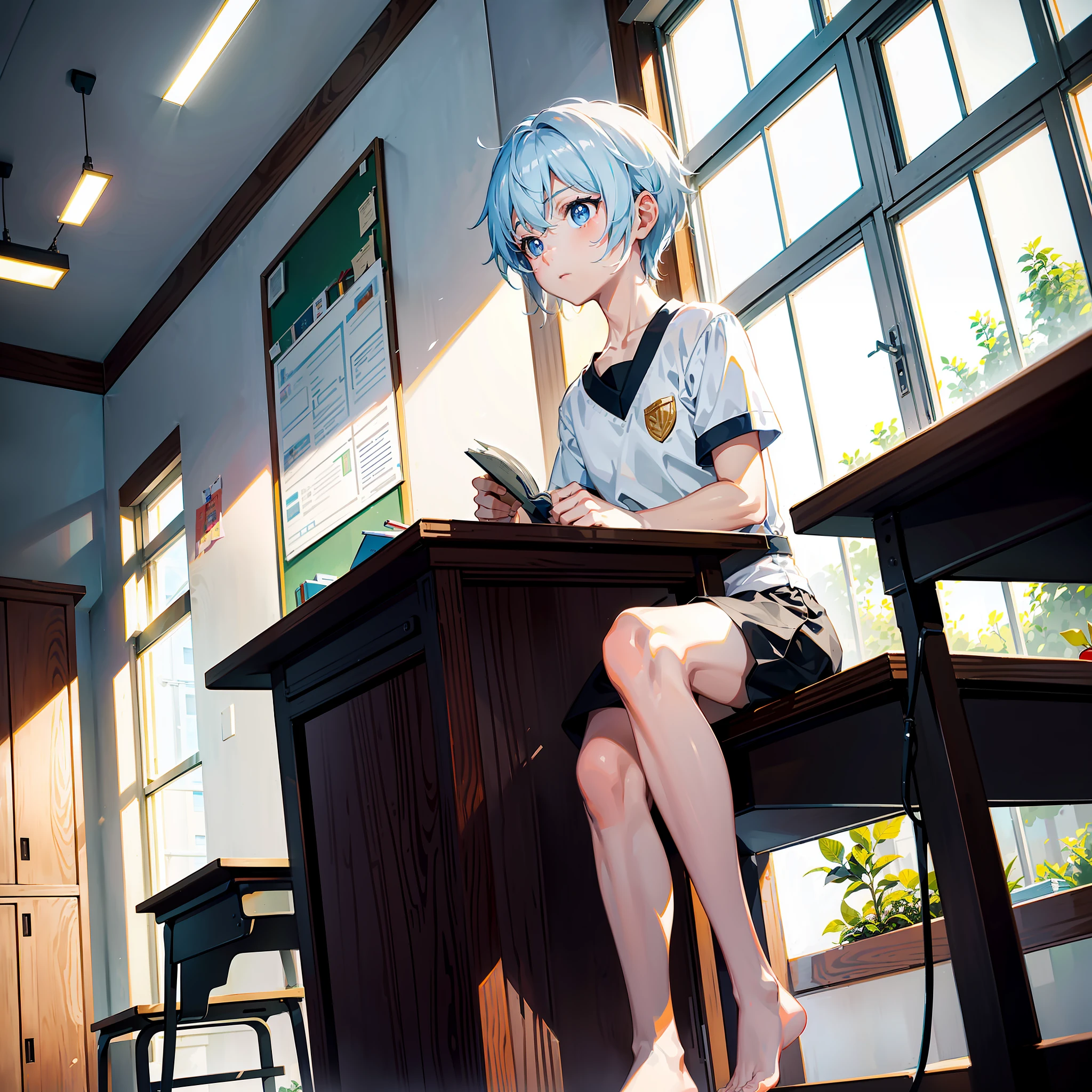 A beautiful little boy,He has short white hair,Nice and light blue pupils,Delicate and clean face,The body is proud and soft,Gao Leng expression,He wears short white sleeves,Black shorts,It reveals beautiful white and slender legs,Sitting idly and bored in a student chair in a classroom,The light from the newly rising sun shone on the young boy through the glass of the classroom,The little boy quietly looked at the book in the classroom,