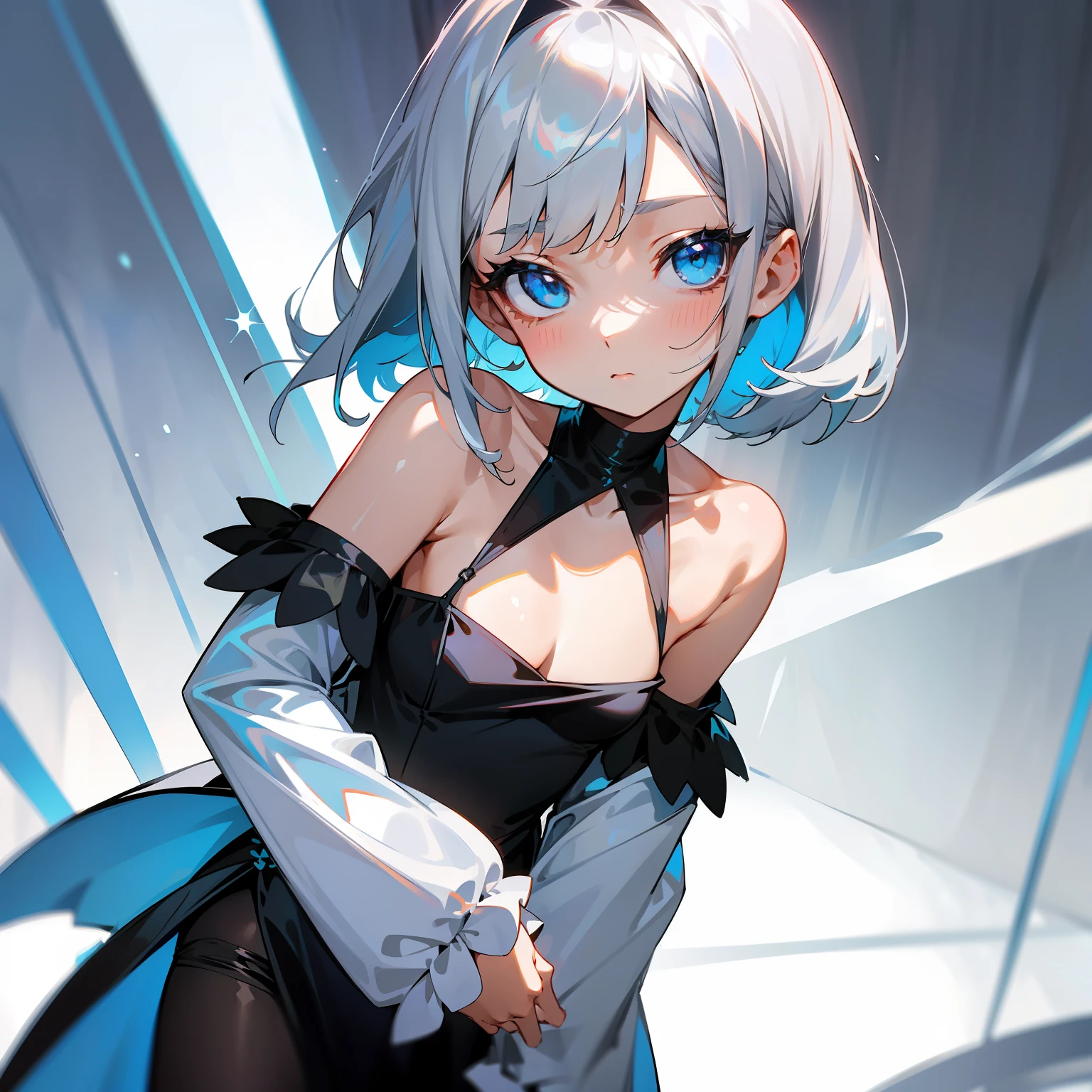,A short silver-white shoulder-length hair,blue color eyes,Silver-haired little loli in a black off-the-shoulder slip dress,face expressionless,Cute and cute