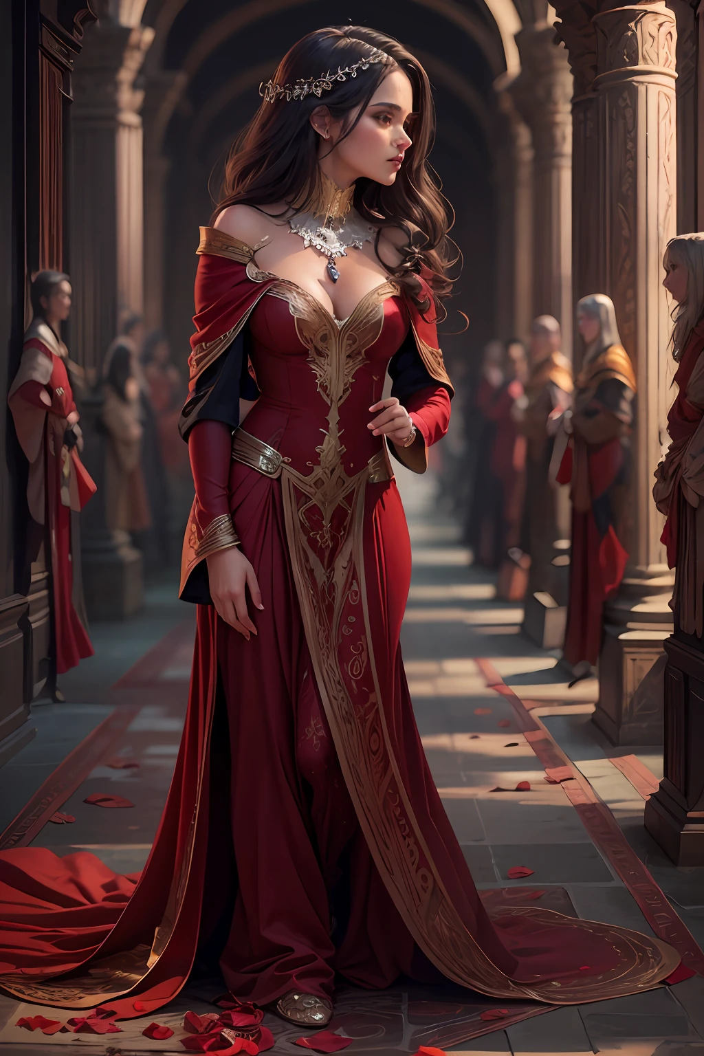 Uma mulher morena com cabelos muito longos com um vestido vermelho, Realistic, Muitos detalhes, Tema Fantasia Medieval, corpo inteiro, rosto da princesa, corpo definido, Realismo, Cinematic lighting, de cima, super detalhe