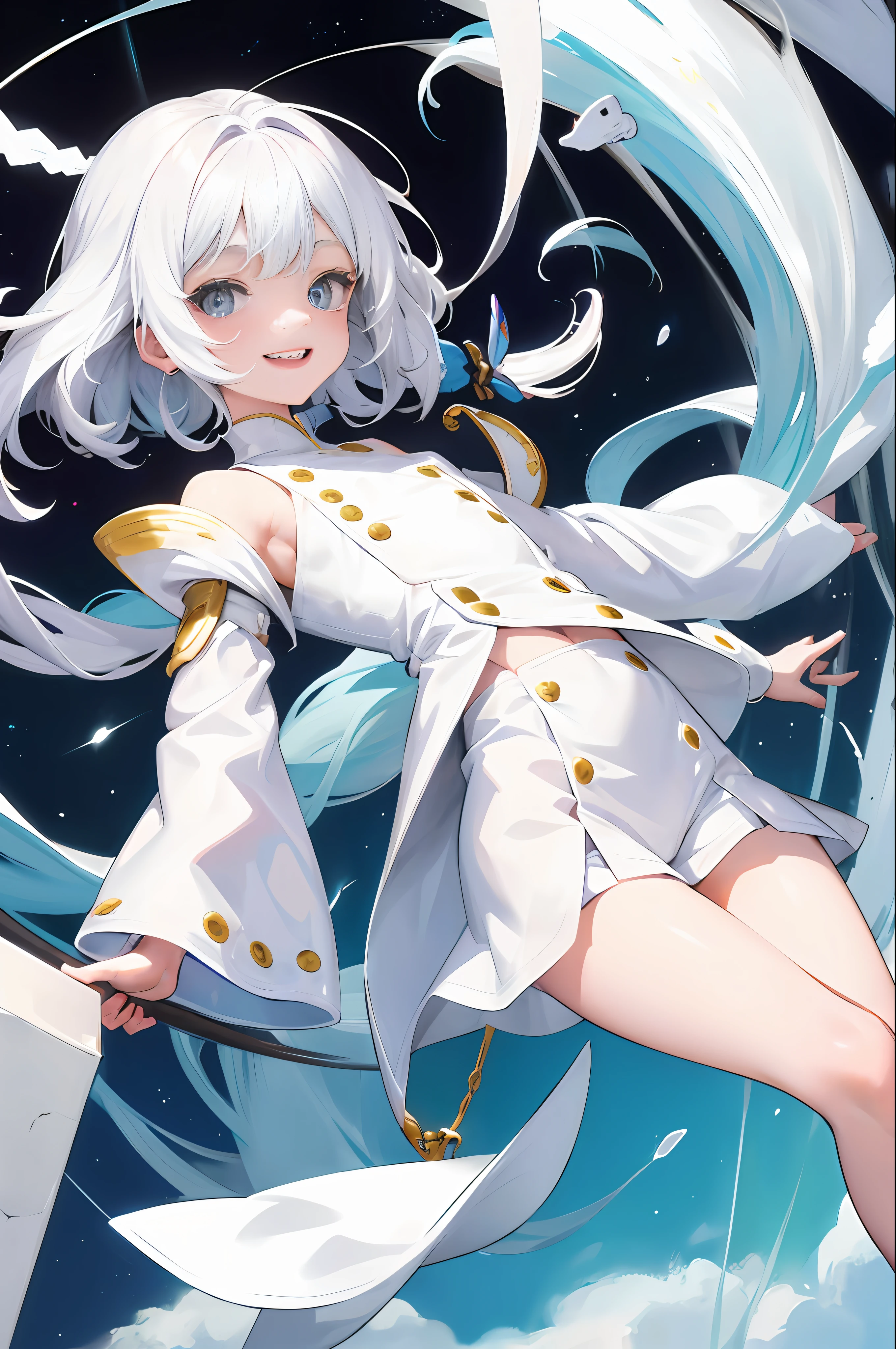 small li，Toothy with a smile，white color hair ，white  clothes，showing whole body，starryskybackground