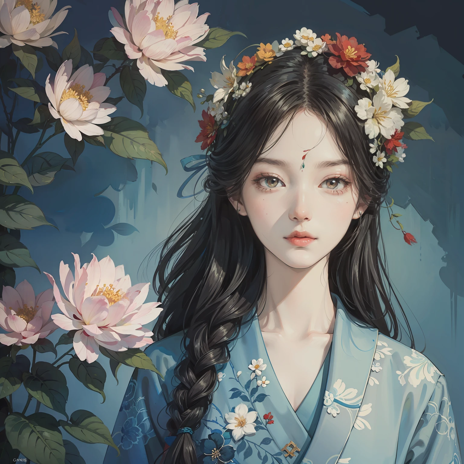 James Jane（James Jean）A painting，Flowers and leaves are worn on the head，eine Katze