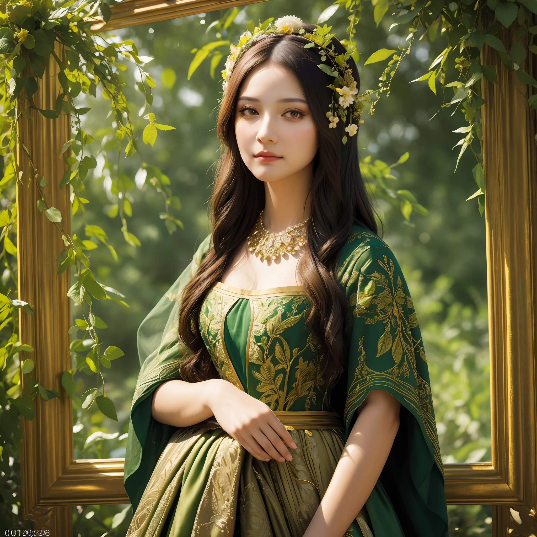 The model wears an elaborate headpiece made entirely of leaves, flowers and vines that cascade down and frame her face. Her makeup is done in green and gold tones to match the natural theme. She gazes serenely at the viewer with a Mona Lisa smile. The overall color palette is bright spring greens, accentuated with warm sunlight effects.
(RAW photo, best quality),(realistic, photo-realistic:1.3), clean, masterpiece,finely detail,masterpiece,ultra-detailed,highres,(best illustration),(best shadow),intricate, bright light