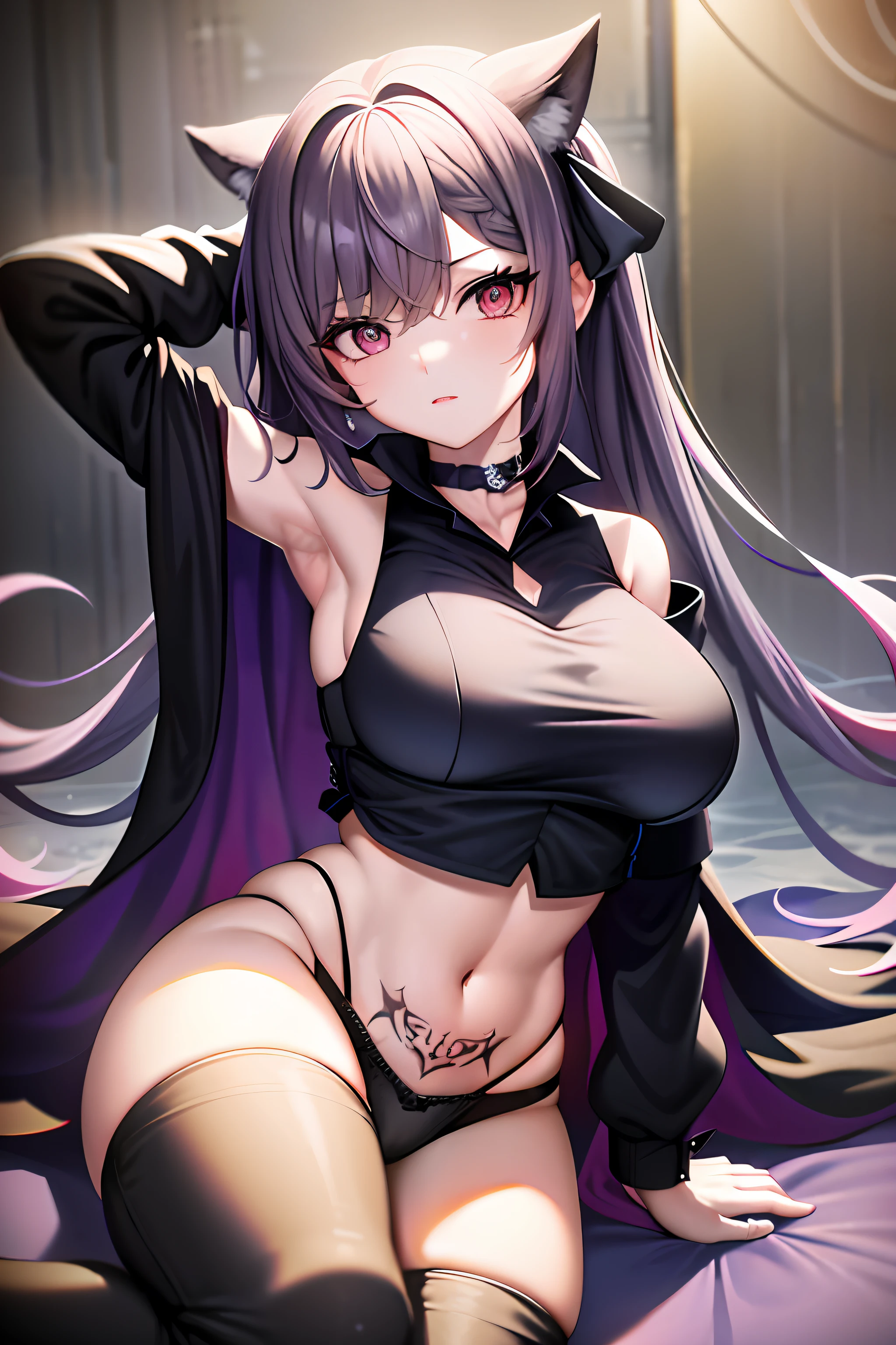 1girl, solo,black bodysuit,eyewear on head, navel, pants, purple eyes, rain, black pants, looking at viewer, bare shoulders, stomach, midriff, purple hair, parted lips, choker, off shoulder, black choker, tattoo, underwear, panties, sitting, black crop top, medium breasts, criss-cross halter, halterneck, shirt, white shirt, long hair, highleg, black panties,star-kafka,huge breasts,shiny,shiny skin,mature female