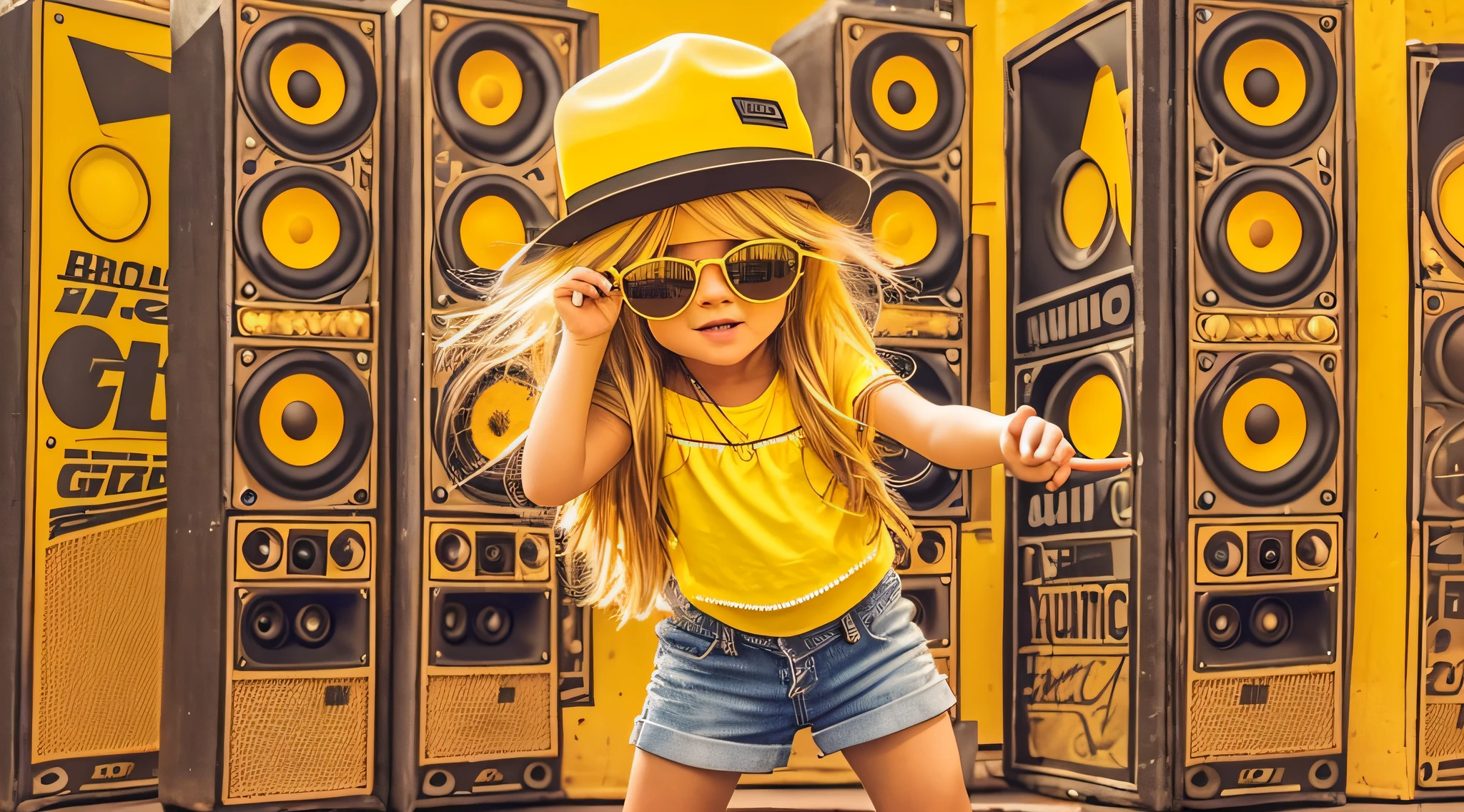 mENINA BLONDE CHILD LONG HAIR WEARING A HAT , Holding a boombox and pointing with your hand, Boombox, The Music Guy, blaster do gueto, em um fundo AMARELO, playing for music, em fundo AMARELO, DJ, imagem de muito baixa qualidade, YELLOW sunglasses and a guitar, Grande Gueto Blaster, com fones de ouvido, music is life, new music, vibrating with the music