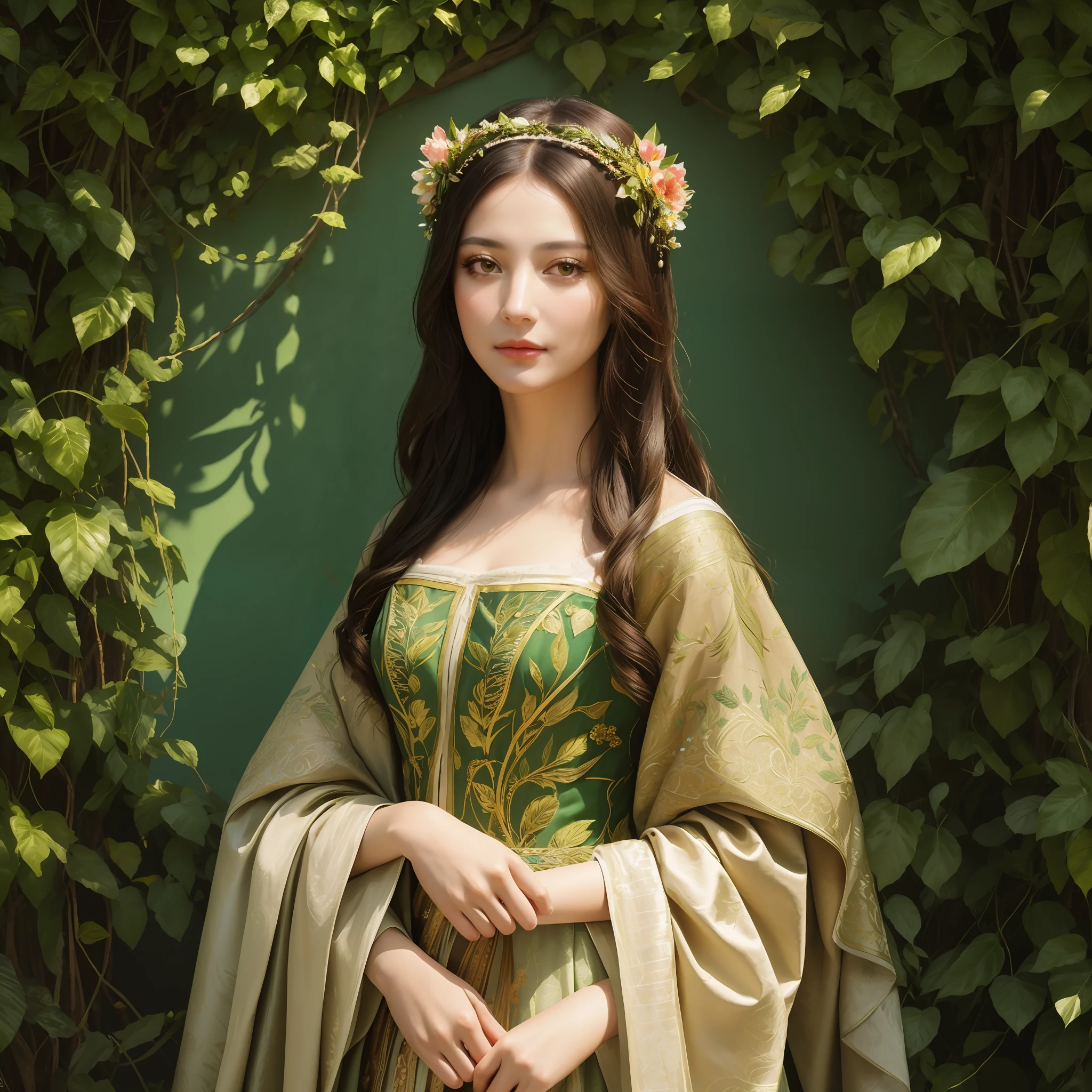 The model wears an elaborate headpiece made entirely of leaves, flowers and vines that cascade down and frame her face. Her makeup is done in green and gold tones to match the natural theme. She gazes serenely at the viewer with a Mona Lisa smile. The overall color palette is bright spring greens, accentuated with warm sunlight effects.
(RAW photo, best quality),(realistic, photo-realistic:1.3), clean, masterpiece,finely detail,masterpiece,ultra-detailed,highres,(best illustration),(best shadow),intricate, bright light