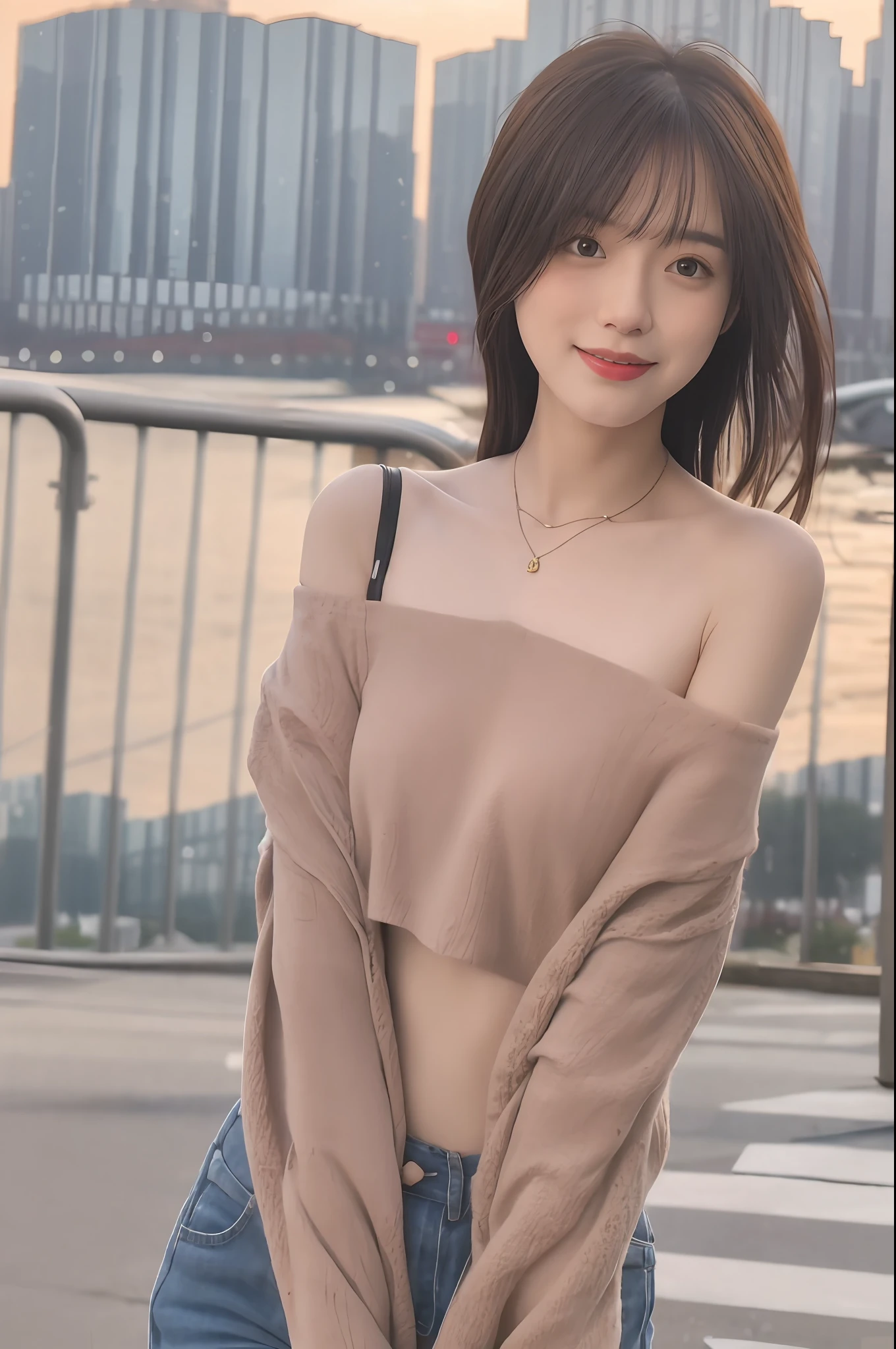 mix4,(8K,RAW photos,best qualtiy,tmasterpiece:1.2),(realisticlying,photograph realistic:1.37),1girll,adolable,view over city,the night,Sateen,soggy,profesional lighting,photon maping,Radio City,physically-based renderingt,shyexpression,Bandeau,Crop topping,Off-the-shoulder cropped top