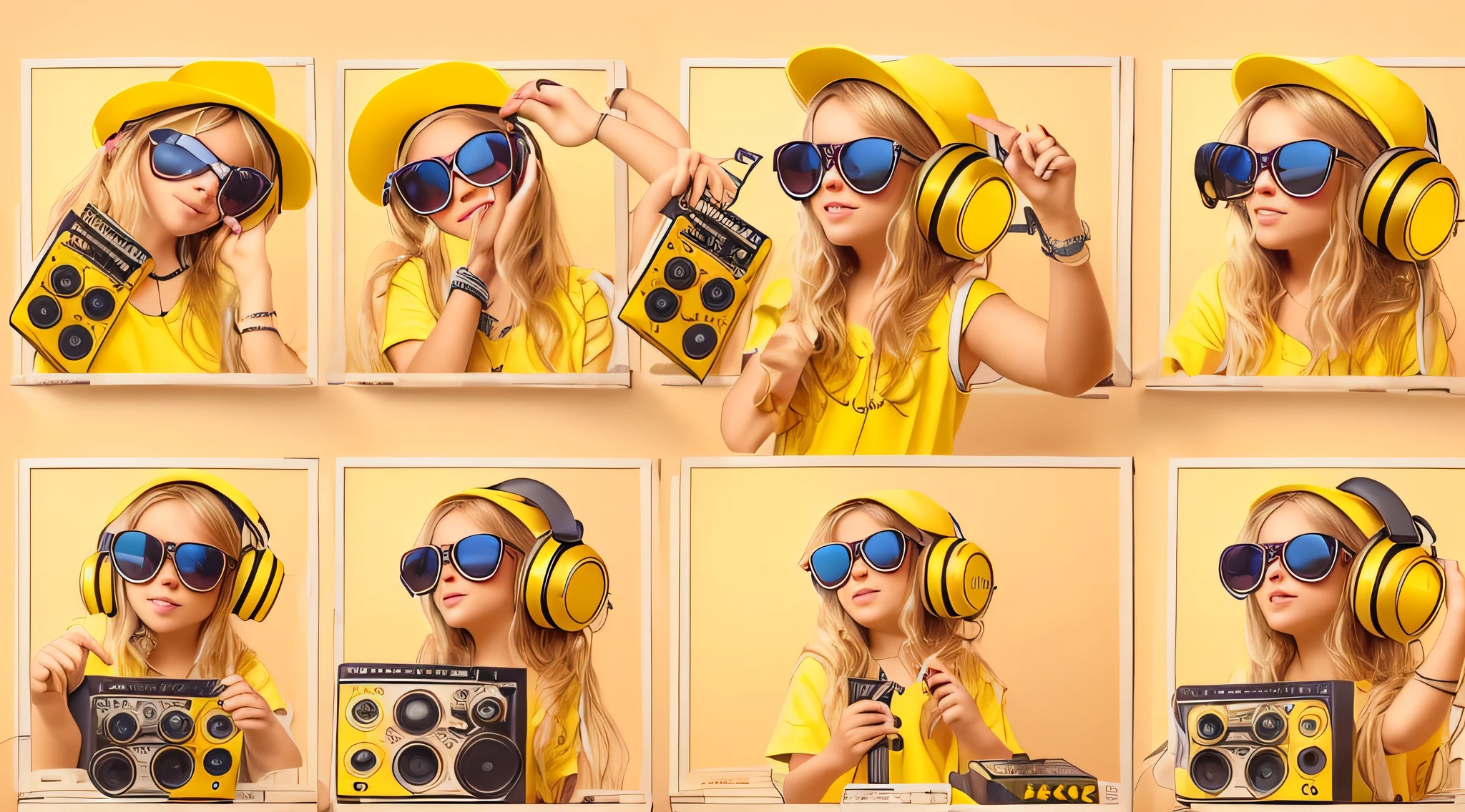 mENINA BLONDE CHILD LONG HAIR WEARING A HAT , Holding a boombox and pointing with your hand, Boombox, The Music Guy, blaster do gueto, em um fundo AMARELO, playing for music, em fundo AMARELO, DJ, imagem de muito baixa qualidade, YELLOW sunglasses and a guitar, Grande Gueto Blaster, com fones de ouvido, music is life, new music, vibrating with the music