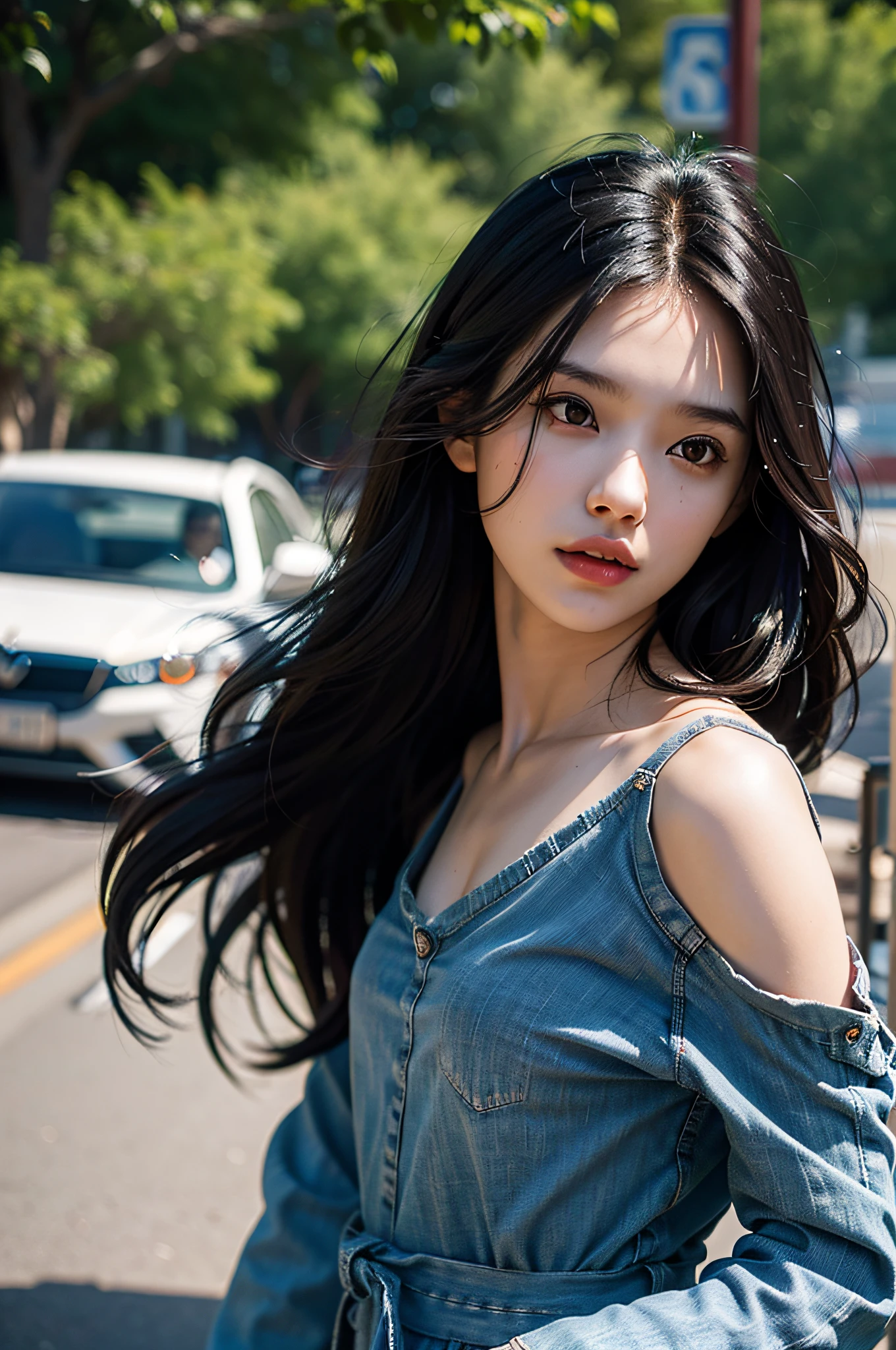 bestquality, masterpiece, ultra-high resolution, RAW photo, beautiful and beautiful,Deep Shadows, dark theme,(photorealistic portrait:1.4),
(1girls, long-haired, (wind blown hair, Black hair, smooth hair), Printed shirt, small face, off shoulders), Slim body, fit, cowboyshot, Girl-Girl, Renhang, 
outdoor,