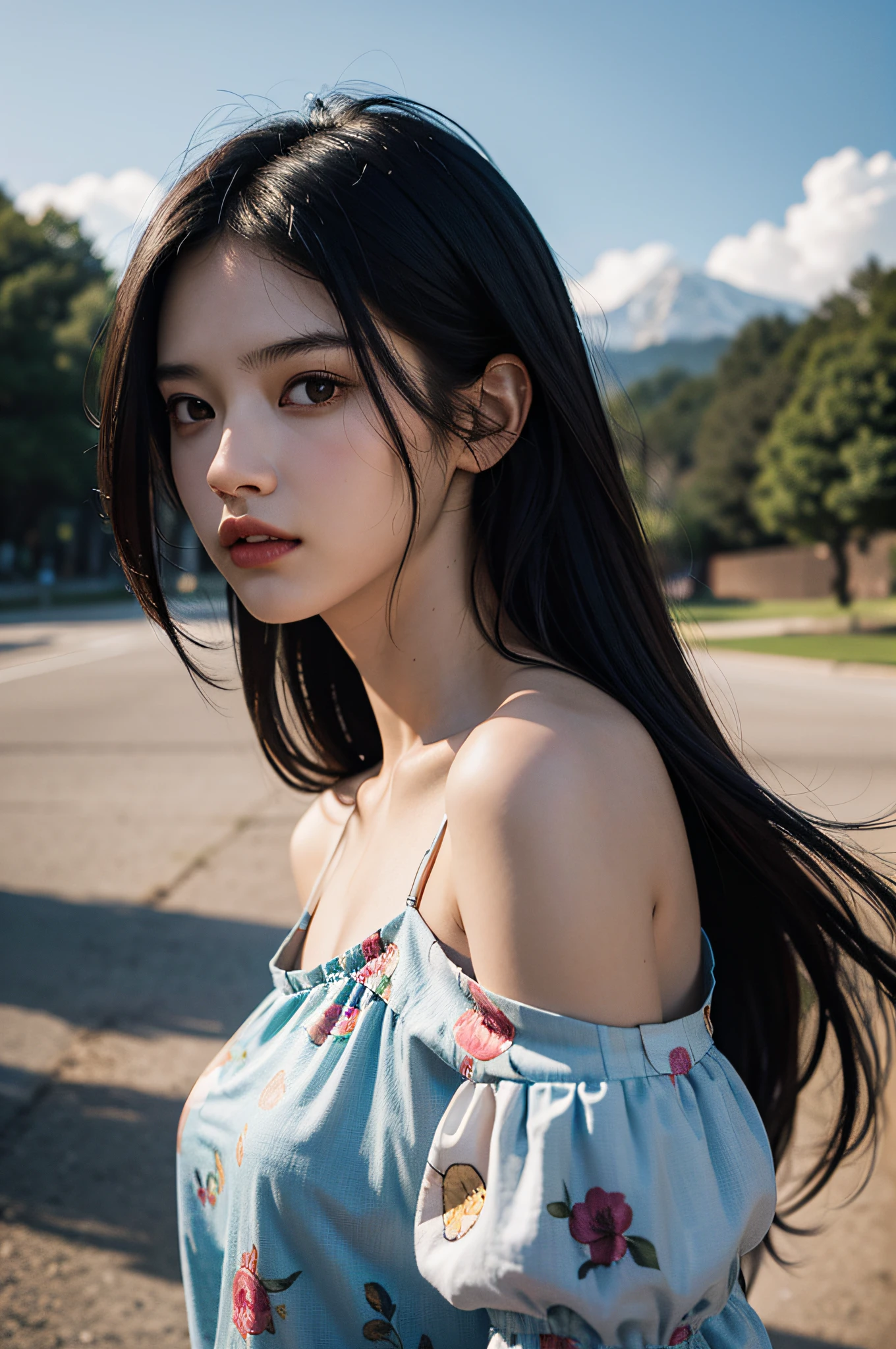 bestquality, masterpiece, ultra-high resolution, RAW photo, beautiful and beautiful,Deep Shadows, dark theme,(photorealistic portrait:1.4),
(1girls, long-haired, (wind blown hair, Black hair, smooth hair), Printed shirt, small face, off shoulders), Slim body, fit, cowboyshot, Girl-Girl, Renhang,
outdoor,