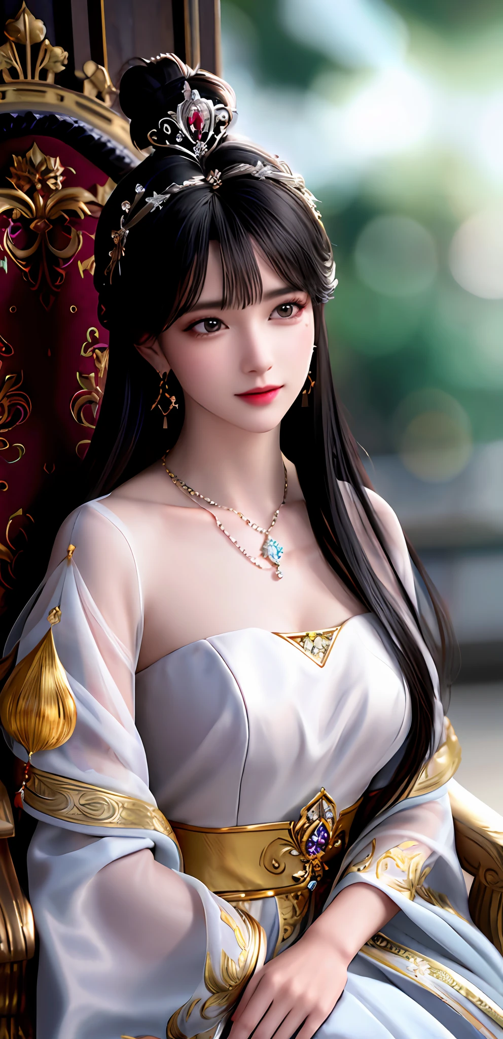 (realisticity: 1.2), best quality, high quality, 8K UHD, masterpiece, highres,cg,
1 super detailed girl, super detailed queen
, sitting on a super detailed royal throne, lud, xurious royal palace background, beautiful and detailed, super detailed long hair, wearing a beautiful and luxurious crown with diamonds and super detailed,
super detailed dress, Super detailed dress sleeves, super detailed beautiful earrings, Beautiful and beautiful necklace full of super detailed diamonds,
solo, jewelry, super detailed red and yellow dress, pretty face, beautiful, and super detailed,
, earrings, super detailed hairdo, splashing, the upper body is very super detailed, super detailed hair bun, super detailed black hair,
lighting,candid,Photograph,high resolution,4k,8k,Bokeh,