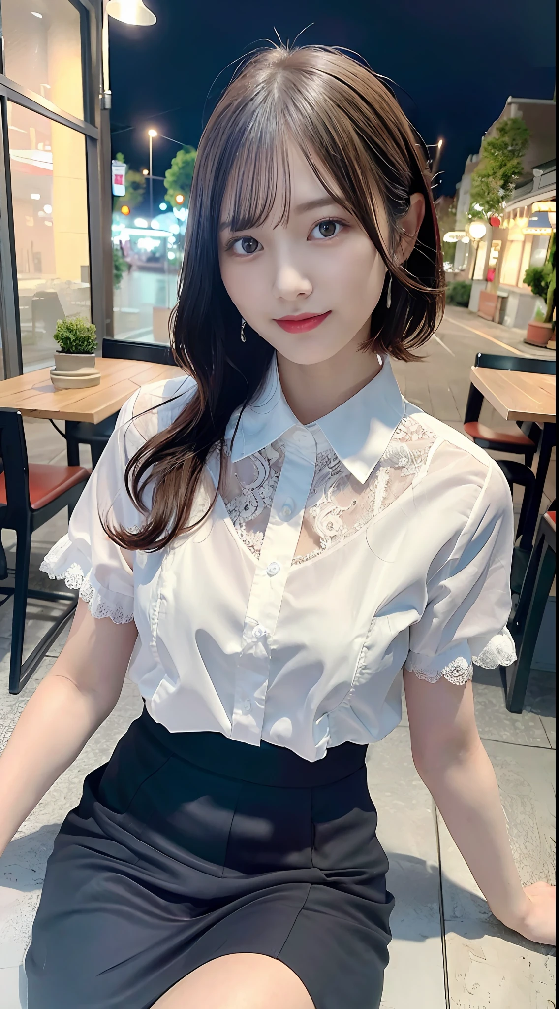 (8k, Best Quality, Masterpiece: 1.2), (Realistic, Realistic: 1.37), Ultra Detailed, 1 Girl, Cute, Solo, Beautiful Detailed Sky, Detailed Cafe, Night, Sitting, Dating, ( red nose), (smile: 1.15), (shut up) small breasts, beautiful and delicate eyes, (collared shirt: 1.1), night, wet, business attire, rain, white lace, (short hair: 1.2), flowing hair NovaFrogStyle,