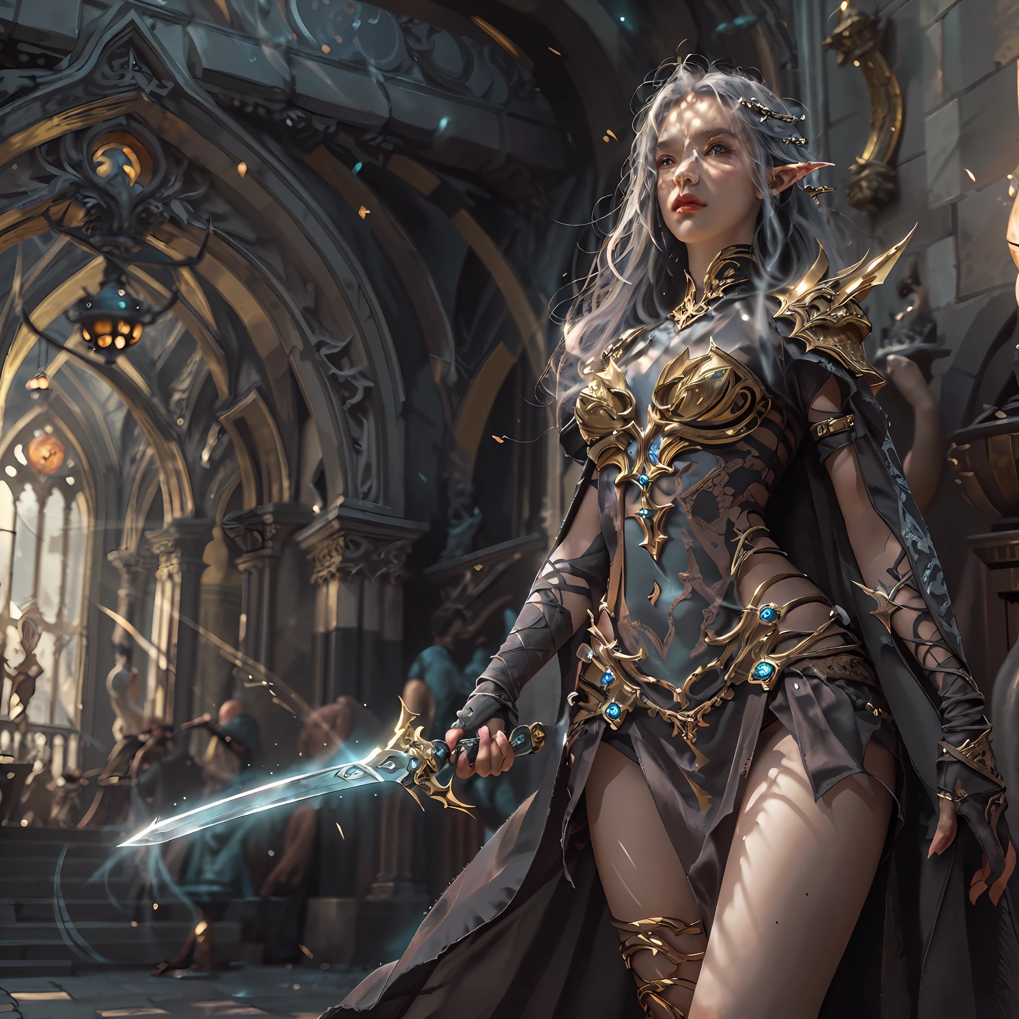 high details, best quality, 8k, [ultra detailed], masterpiece, best quality, (extremely detailed), full body, ultra wide shot, RAW, photorealistic, fantasy art, dnd art, rpg art, realistic art, a wide angle picture of an epic female elf, arcane warrior, warrior of magic, fighter of the arcana, full body, [[anatomically correct]] full body (1.5 intricate details, Masterpiece, best quality) casting a spell (1.5 intricate details, Masterpiece, best quality), casting an epic spell, [colorful magical sigils in the air],[ colorful arcane markings floating] (1.6 intricate details, Masterpiece, best quality) holding an [epic magical sword] (1.5 intricate details, Masterpiece, best quality) holding epic [magical sword glowing in red light] (1.5 intricate details, Masterpiece, best quality). in fantasy urban street (1.5 intricate details, Masterpiece, best quality), a female beautiful epic elf wearing elven leather armor (1.4 intricate details, Masterpiece, best quality), high heeled leather boots, ultra detailed face,  thick hair, long hair, dynamic hair, fair skin intense eyes, fantasy city background (intense details), sun light, backlight, depth of field (1.4 intricate details, Masterpiece, best quality), dynamic angle, (1.4 intricate details, Masterpiece, best quality) 3D rendering, high details, best quality, highres, ultra wide angle