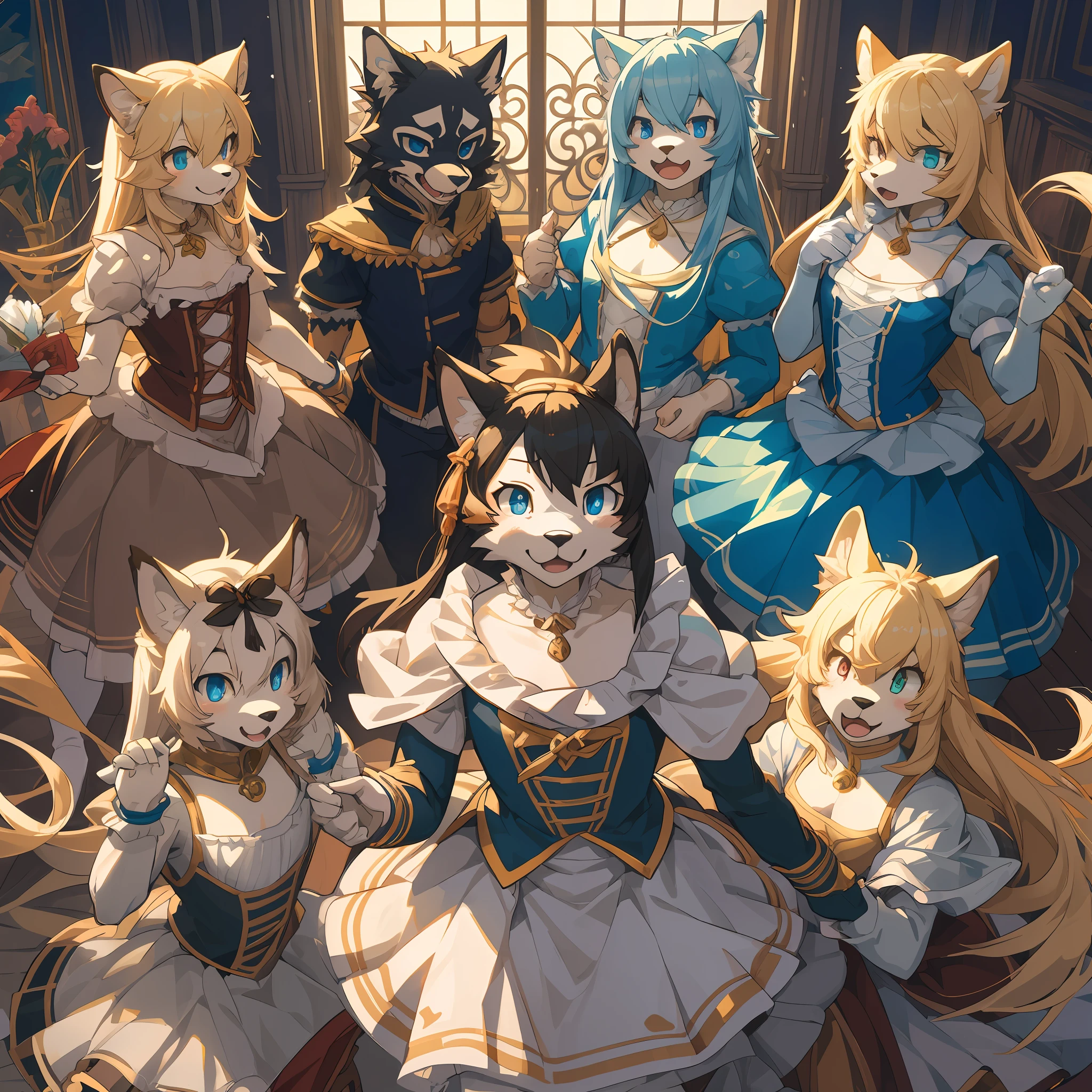 top quality, best quality, High-quality illustrations, masterpiece, super high resolution, detailed background, ballet, The Nutcracker, 6+boys, 6+girls, absurdres(highly detailed beautiful face and eyes)perfect anatomy, expression, good lighting, cinematic shadow(kemono, furry anthro)assorted poses, dynamic angle,
