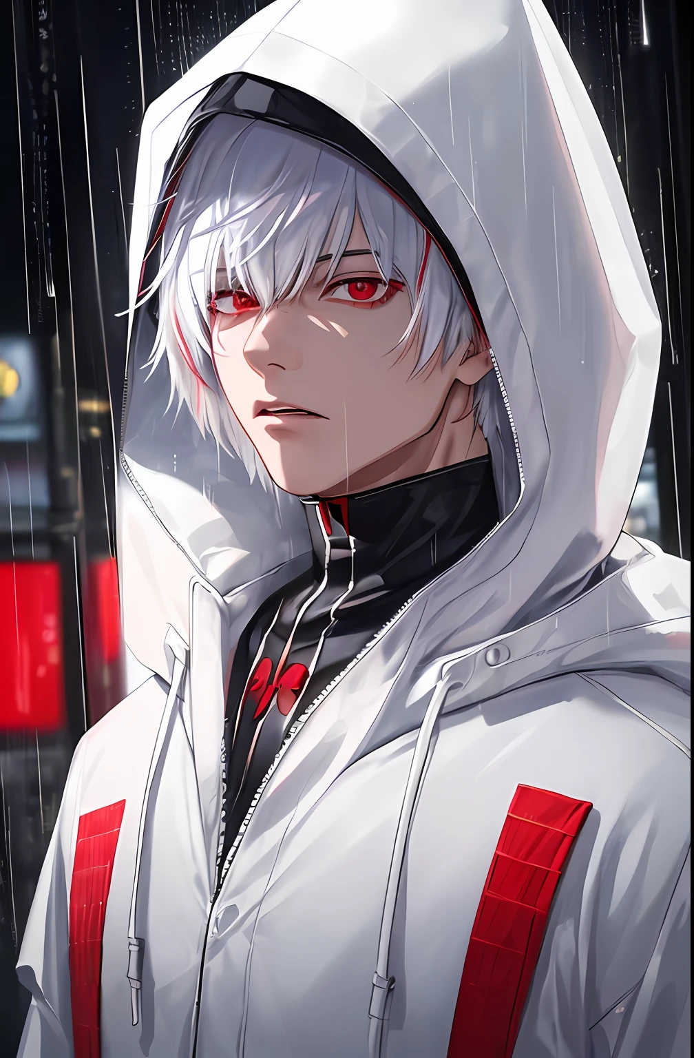 kk, best quality, more details, masterpiece, 1boy, kaneki ken, portrait, male focus, red eyes, solo, bangs, looking at viewer, hood, short hair, rain, tokyo tokyo \(city\),  hood up, nail polish, white hair, luxurious, 8k, detailed, ray tracing, depth of field, cinematic lighting,