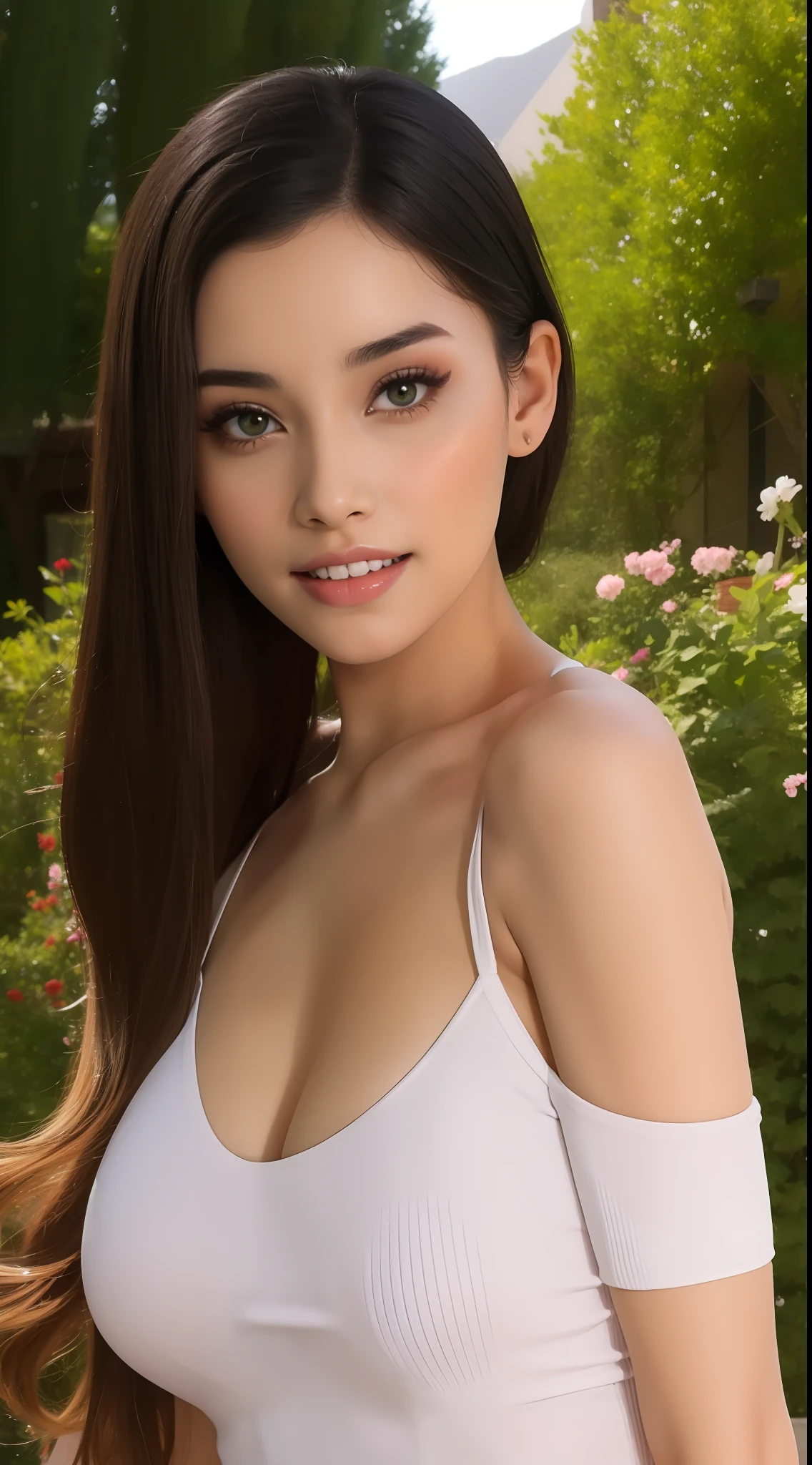 Fashion model  [[[[closeup cleavage]]]], [[[[boobgasm]]]], [[[[coll]]]], [[[[bshoulders]]]], perfect  eyes, Perfect iris，Perfect lips，perfect teeth，Perfect skin，with fair skin，Soft front light，hdr，Movie girl，Casual，ssmile，The background is outdoor，Green trees and flowers，（pastel colour：1.2）