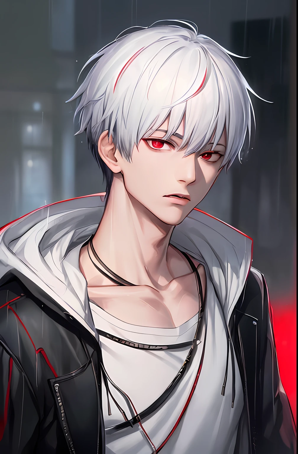 kk, best quality, more details, masterpiece, 1boy, kaneki ken, portrait, male focus, red eyes, solo, bangs, looking at viewer, hood, short hair, rain, tokyo tokyo \(city\),  hood up, nail polish, white hair, luxurious, 8k, detailed, ray tracing, depth of field, cinematic lighting,
