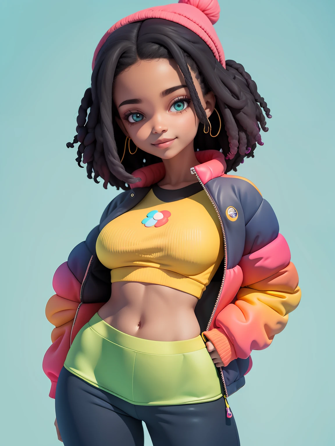 (obra-prima), (melhor qualidade), (ultra-detalhado), (corpo inteiro: 1.2) menina negra bonita e fofa, tema neon, moletom colorido, Knitted jumpsuits, Pants, jaqueta, blusa, sorriso claro, corpo inteiro, :3, fundo tom pastel , colorido e simples.