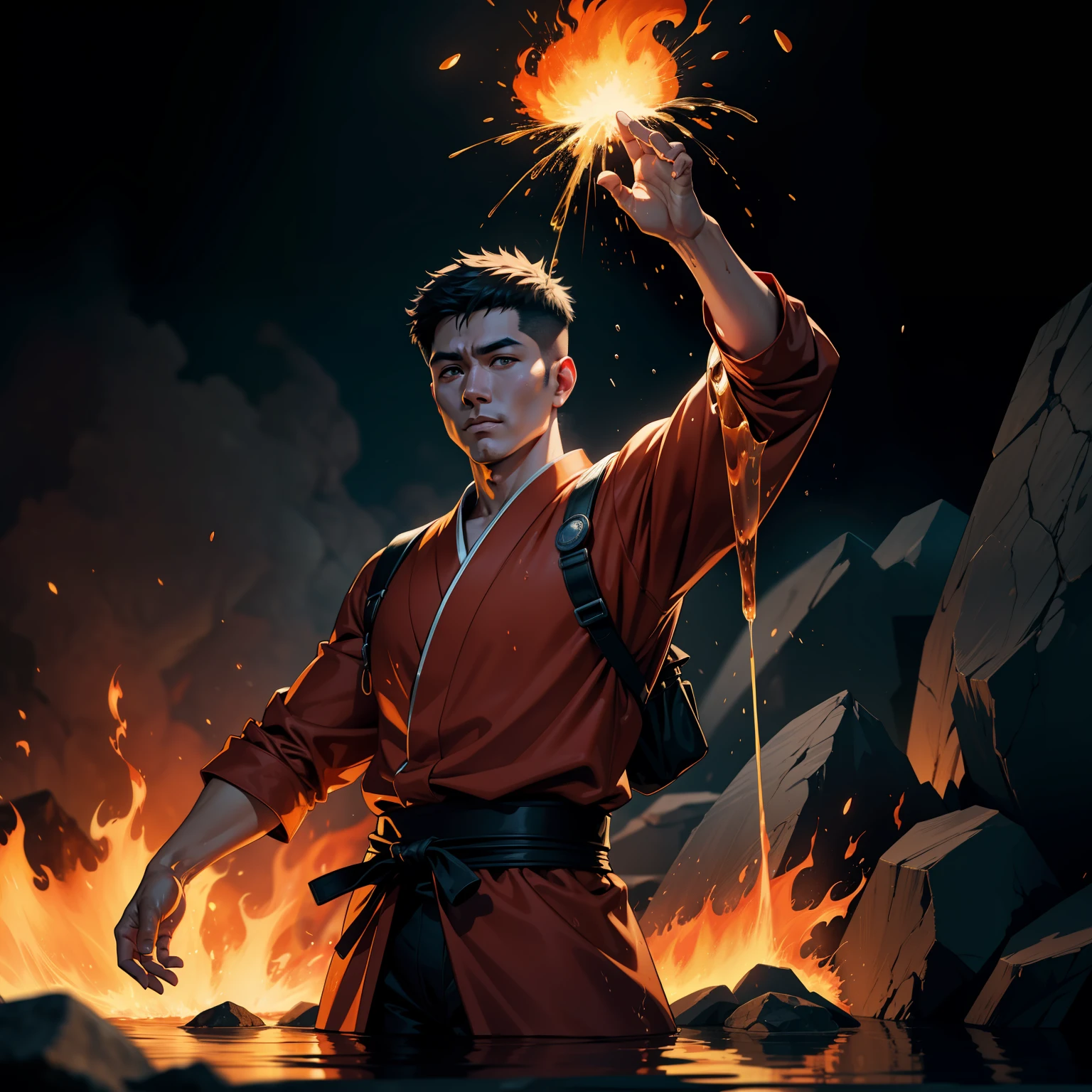 ,Japanese Fire man with water on his hand,man fire , japanese fireman with water in his hands,water,waterthe whole black forest on fire, hell on earth,an fire manstand and look, ultra detailed, action pose, cinematic lighting, volumetric light, subsurface scattering, (detailed clothing, detailed clothing texture), black_background, surrealist:0.33, mature adult:1.6, stunning, award winning, masterpiece