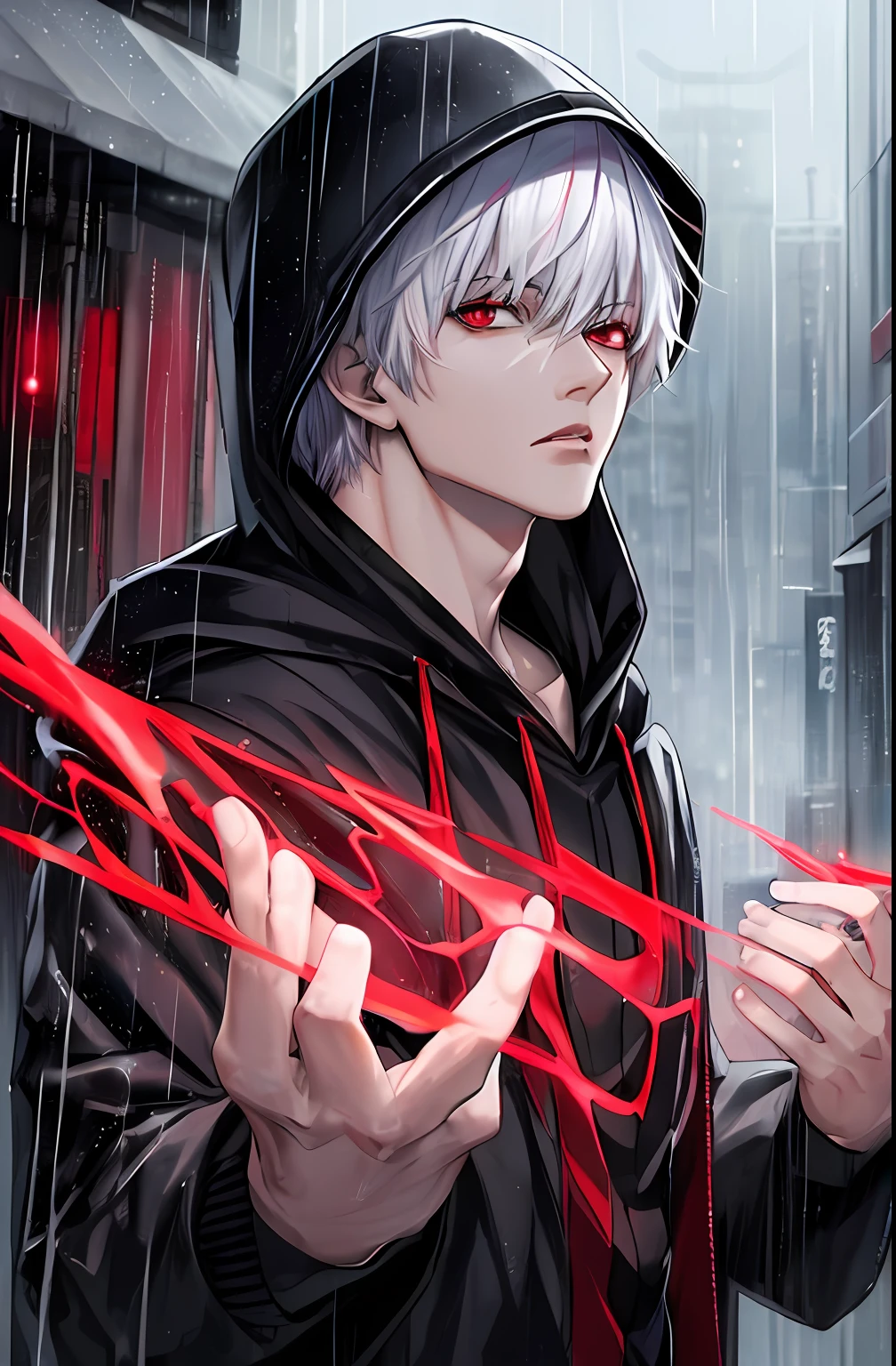 kk, best quality, more details, masterpiece, 1boy, kaneki ken, portrait, male focus, red eyes, solo, bangs, looking at viewer, hood, short hair, rain, tokyo tokyo \(city\), hood up, nail polish, white hair, luxurious, 8k, detailed, ray tracing, depth of field, cinematic lighting,